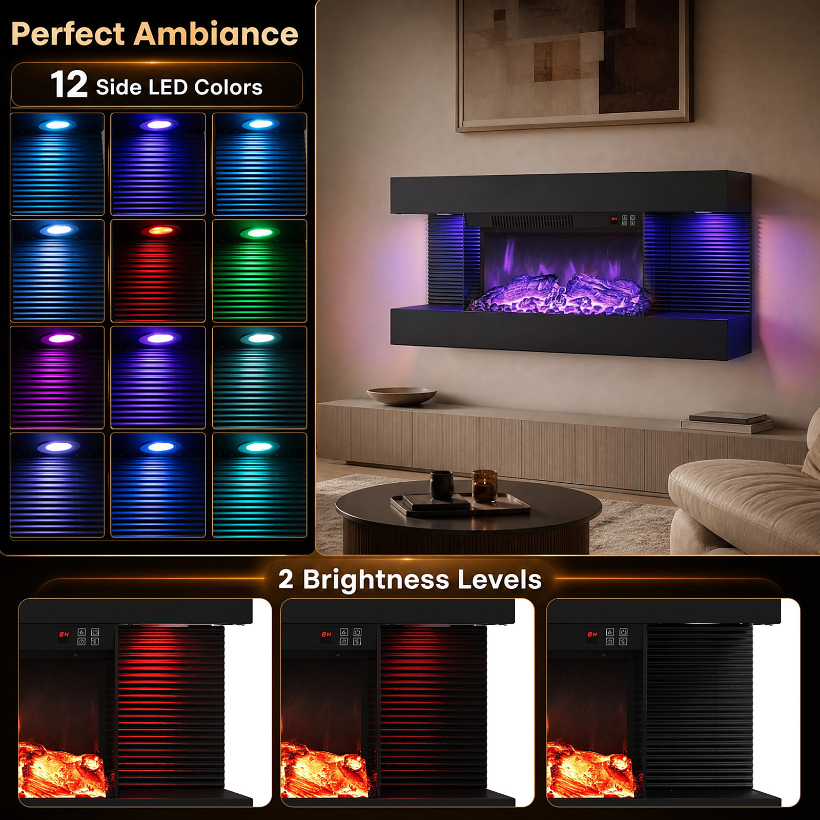SUGIFT 32-in 3-Sided Floating Mantel 12 Side LED Colors Wall Mount Electric Fireplace 32.3-in x 8.1-in x 16.5-in Black