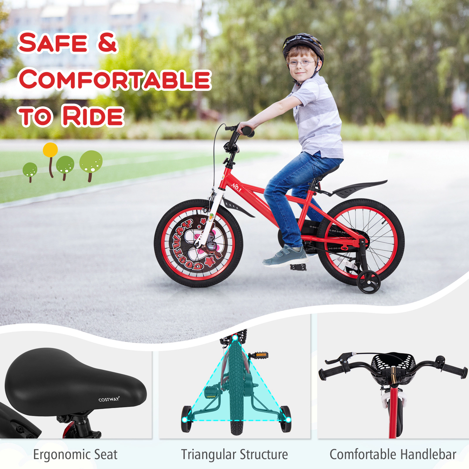 SUGIFT Adjustable 18-In Kids Bike with Training Wheels Double Brake 132-lb Capacity Ages 4-8 Red with Storage Basket