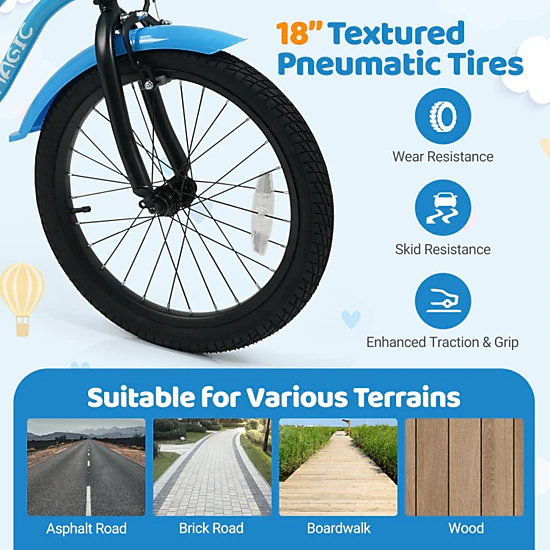 SUGIFT 18-in Blue Kids Bike with Training Wheels Removable Front Basket Bell Mudguards and Kickstand