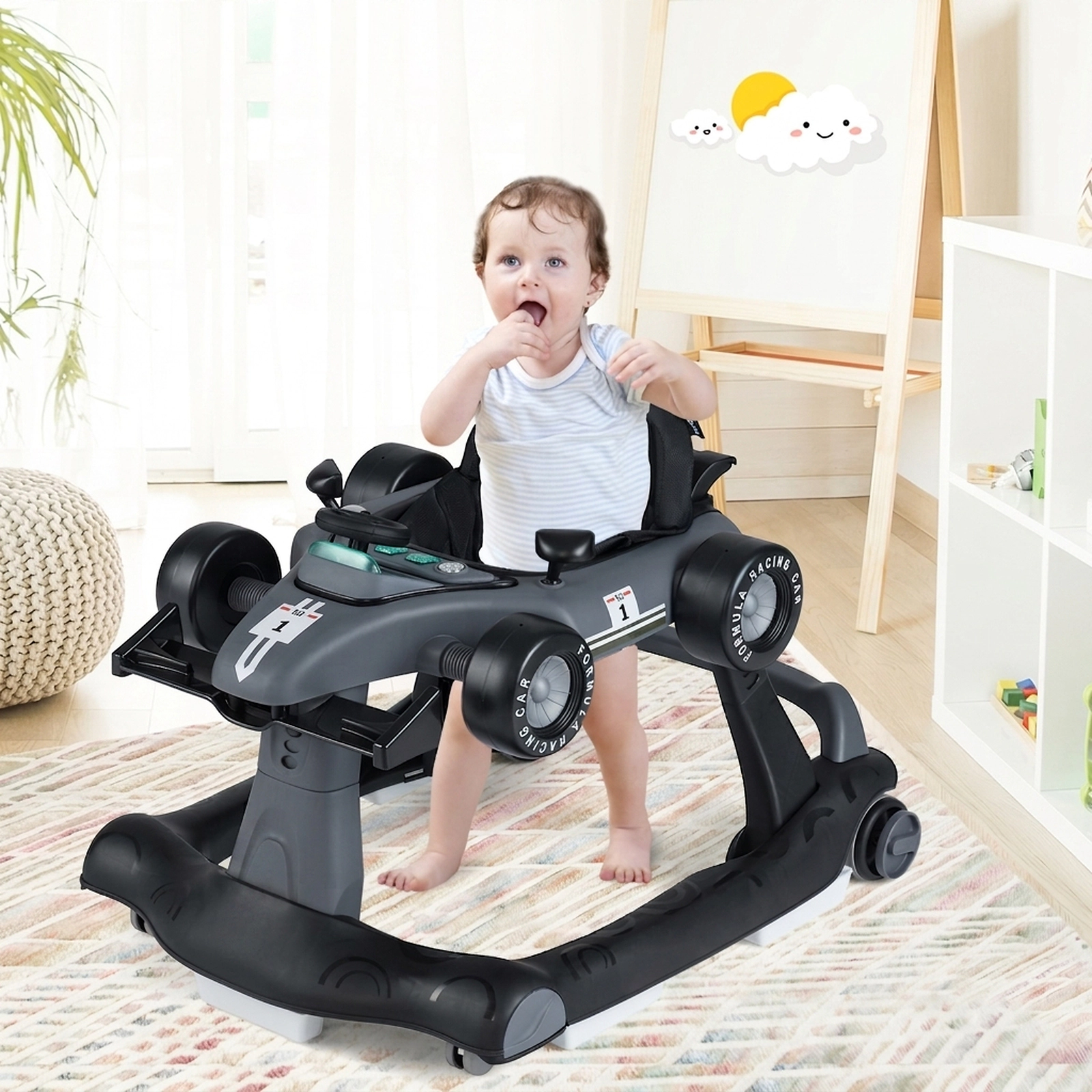 SUGIFT 4-in-1 Foldable Activity Push Walker with Adjustable Height 25-lb Capacity Ages 6-18 Months Gray