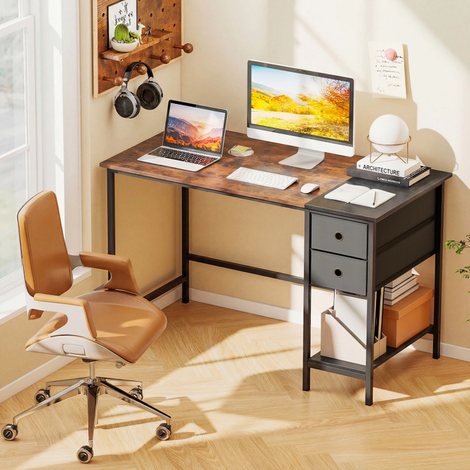SUGIFT Industrial Computer Desk 2 Folding Fabric Drawers & Open Shelf 110-Lb Tabletop Capacity Rustic Brown Black Gray