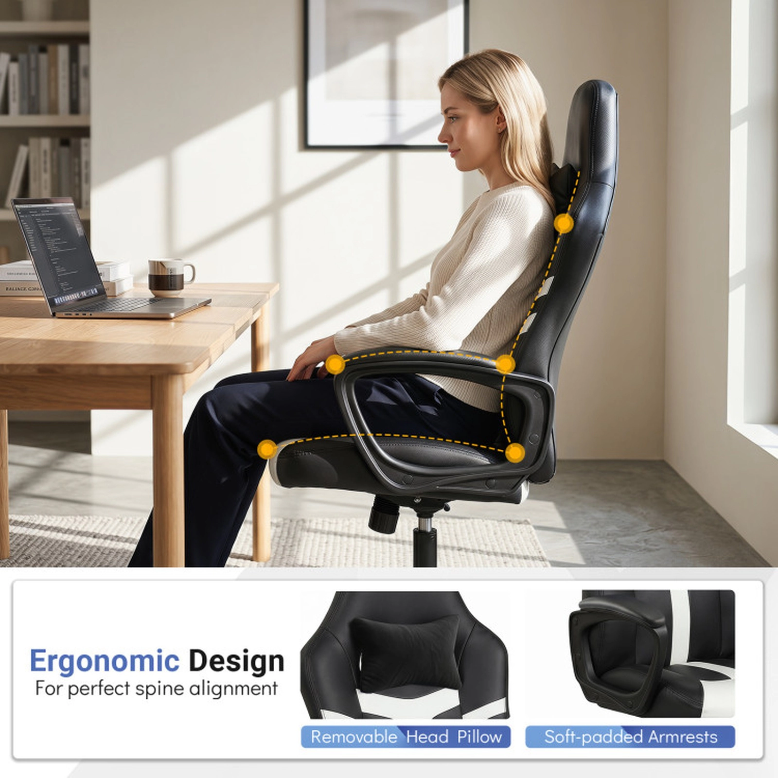 SUGIFT White Faux Leather High-Back Office Chair with Plush Trim and Neck Pillow