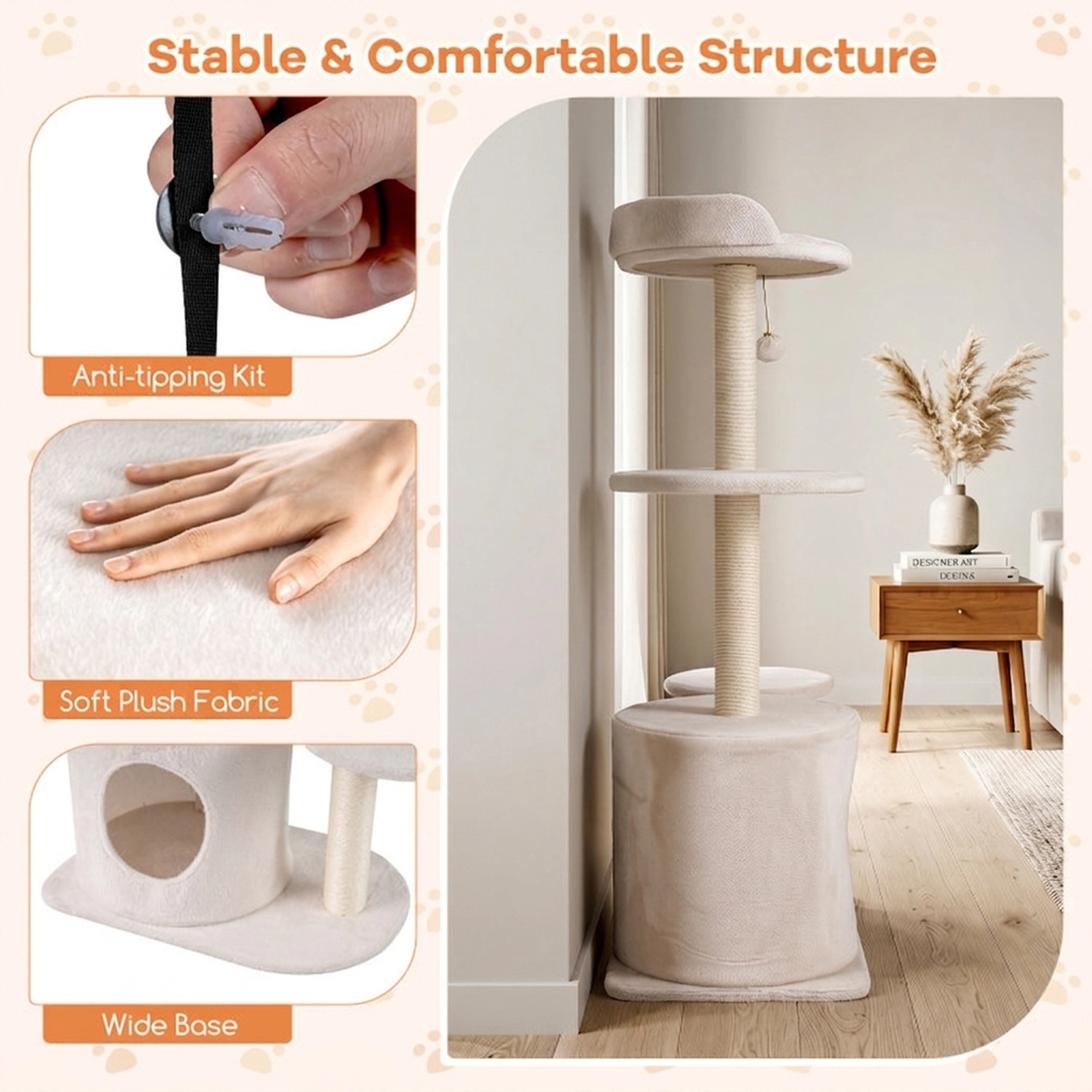 SUGIFT 43-in Beige Cat Tree for Indoor Cats with 15-in Round Raised-Edge Perches and Sisal Posts