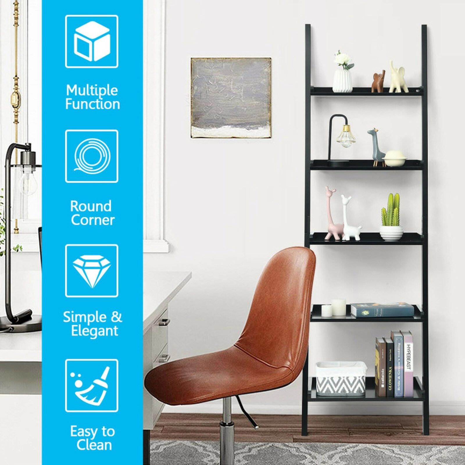 SUGIFT Black 5-Tier Wall-Leaning Ladder Shelf 74.5 in Display Rack