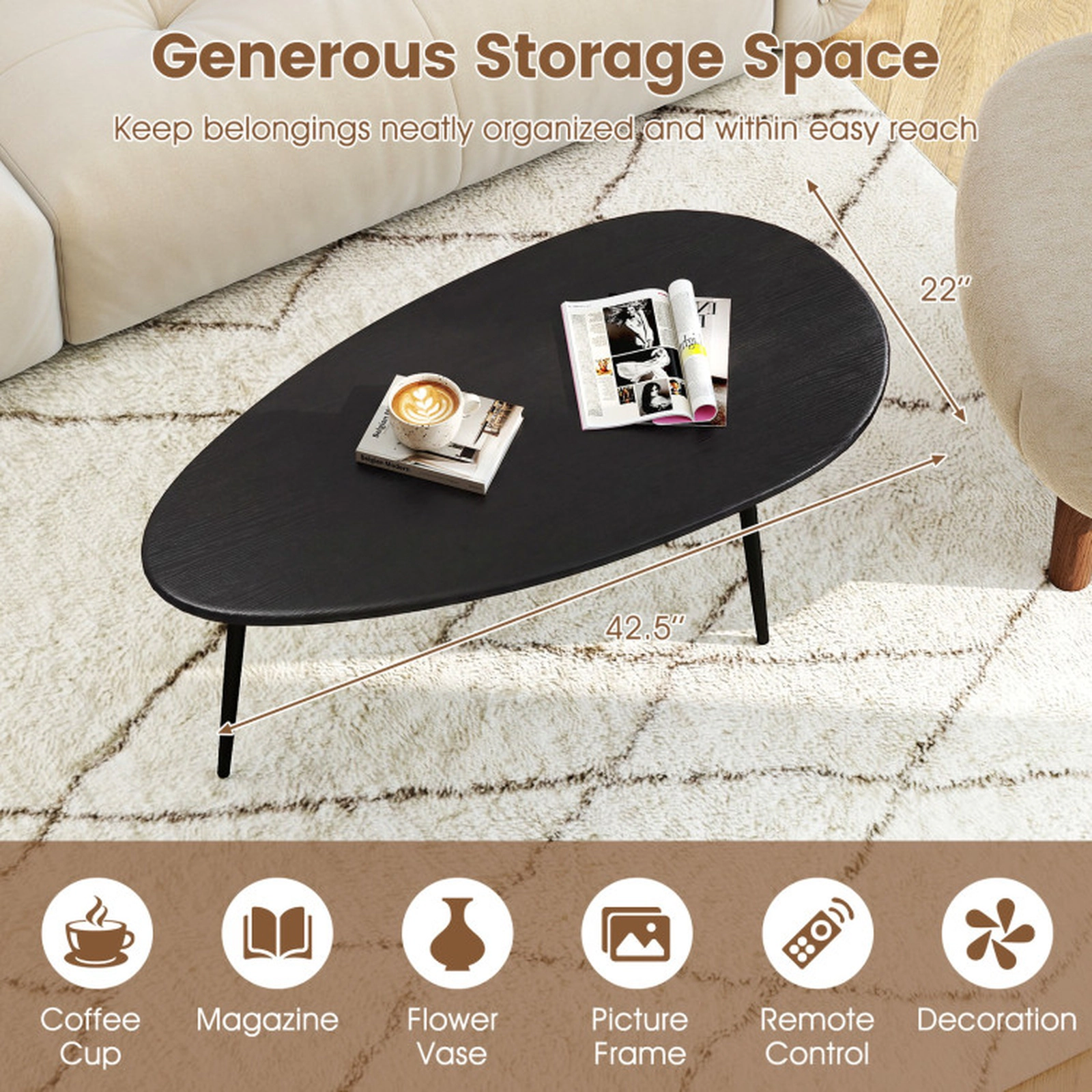 SUGIFT Irregular Oval Top Tapered Metal Legs Mid Century Coffee Table 42.5-in x 22-in x 17-in 99-lb Capacity Black