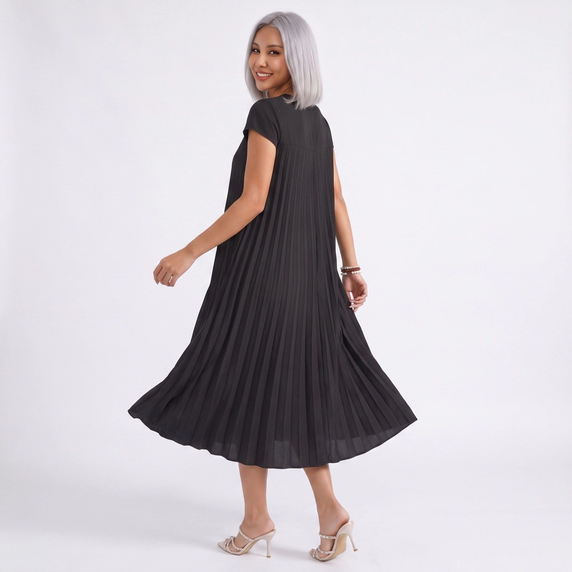 Anna-Kaci Women's Crew Neck Short Sleeve Accordion Pleated Midi Dress