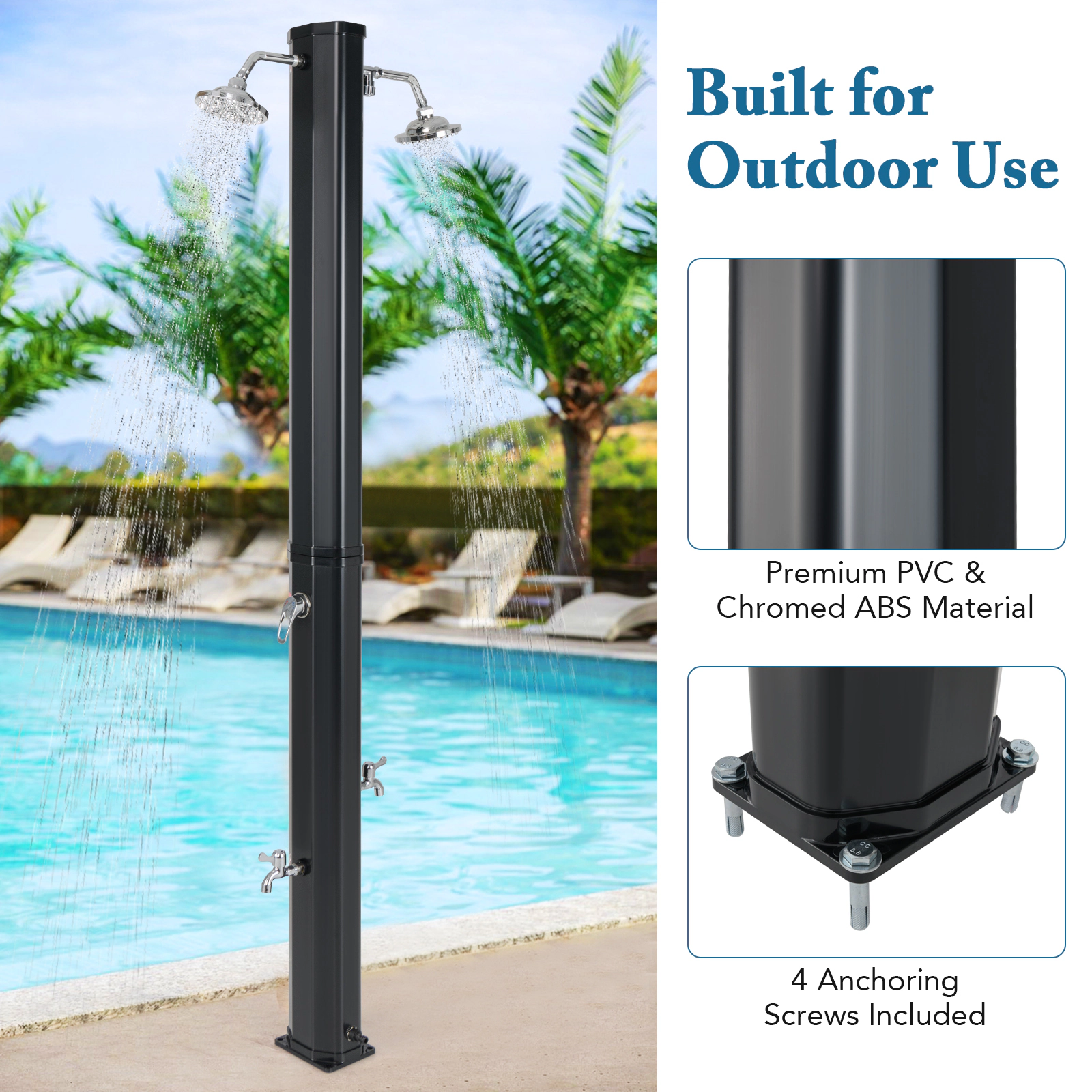 SUGIFT Solar Heated Outdoor Shower PVC Column Dual Swivel Heads Foot Rinse 9.3-Gallon 140 F Max 7 x 5.5-in Base Black