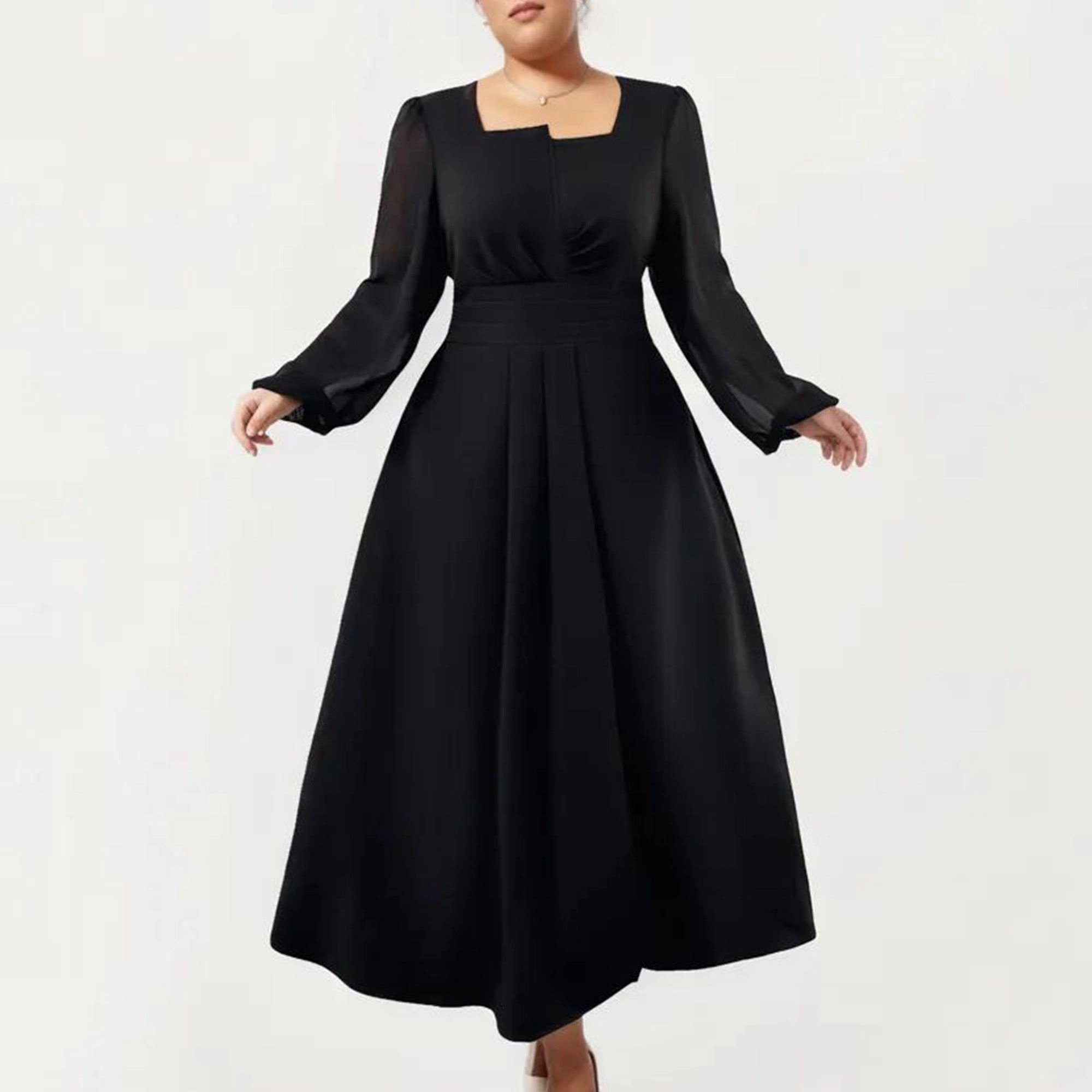 Anna-Kaci Women's Plus Size Long Sleeve Square Neck Pleated Waist Detail Flowy A Line Silhouette Midi Dress