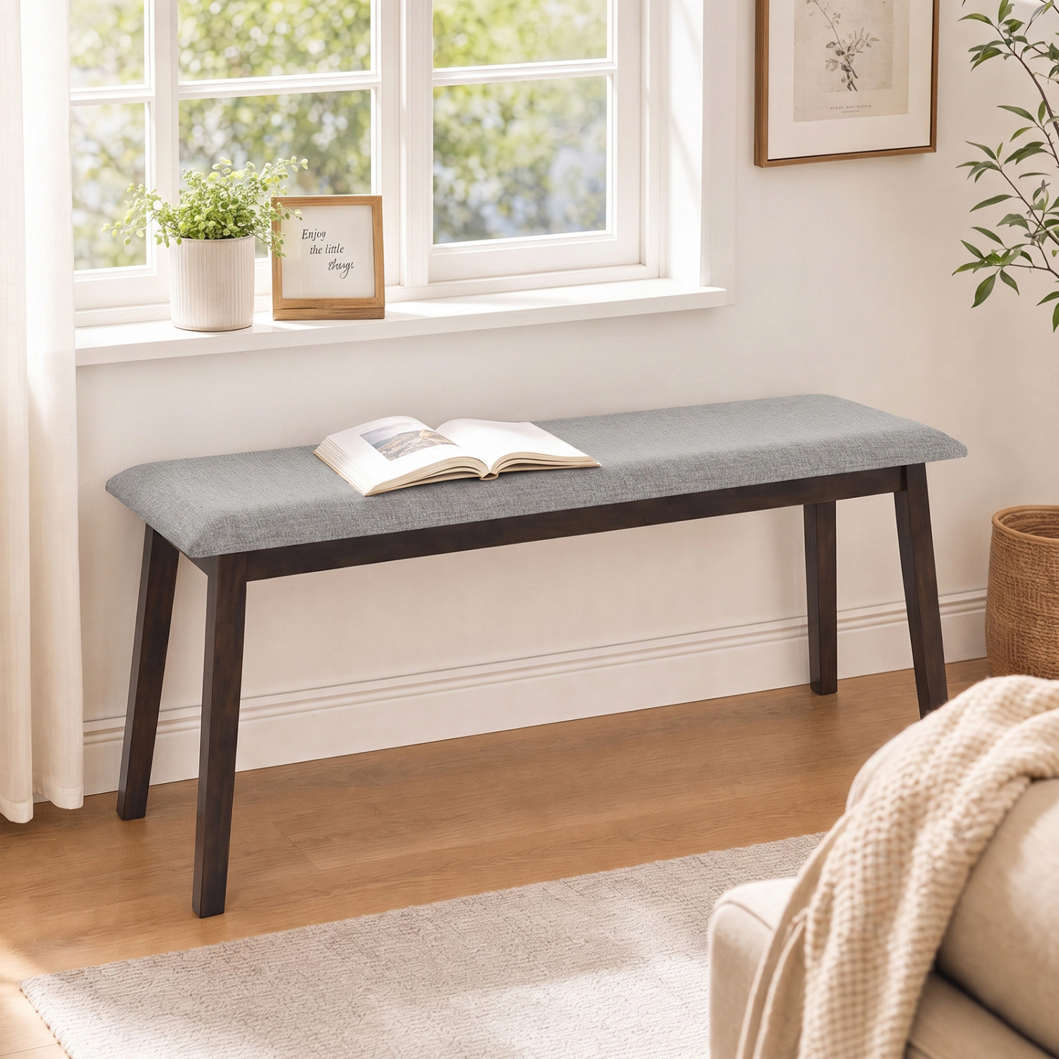 LJG 43.5 Inch Upholstered Entryway Bench with Rubber Wood Frame