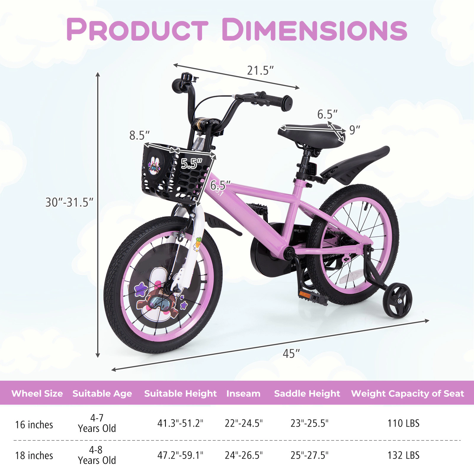 SUGIFT Adjustable 16-Inch Kids Sport Bicycle with Hand and Coaster Brakes 110-lb Seat Capacity Ages 4-7 Purple
