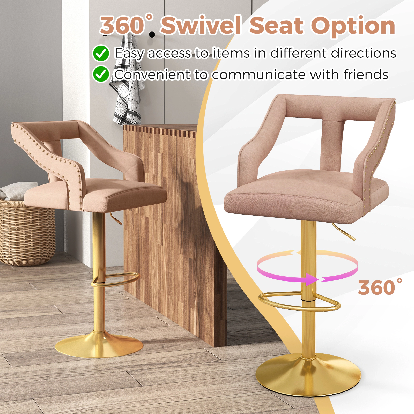 SUGIFT Set of 2 Pink Adjustable Velvet Swivel Bar Stools, 25-34 in Seat Height, Gold Two-Tier Base