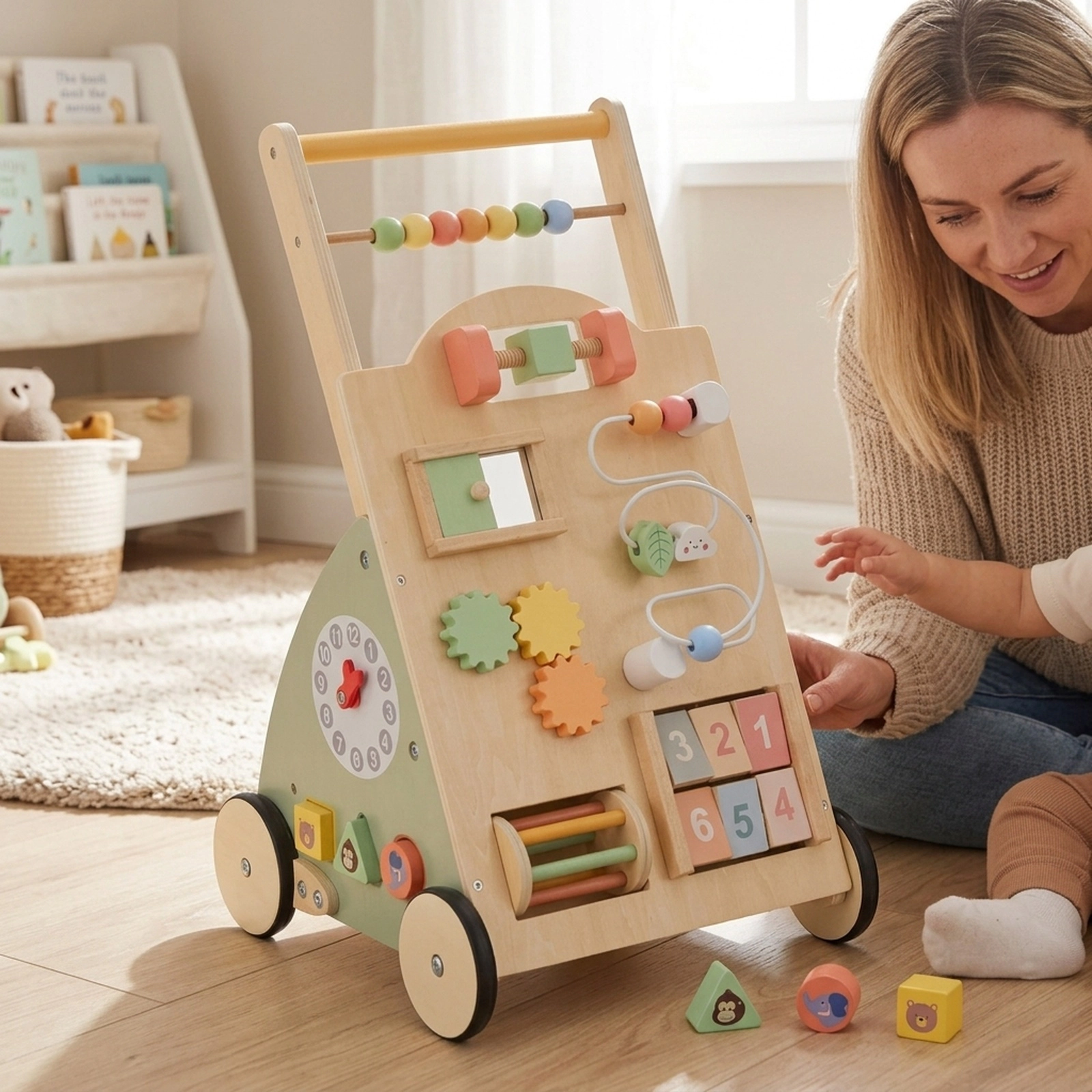 Wooden Baby Walker and 10-in-1 Activity Center with Storage Basket Sturdy Handle and Rounded Edges Colorful Push Walker