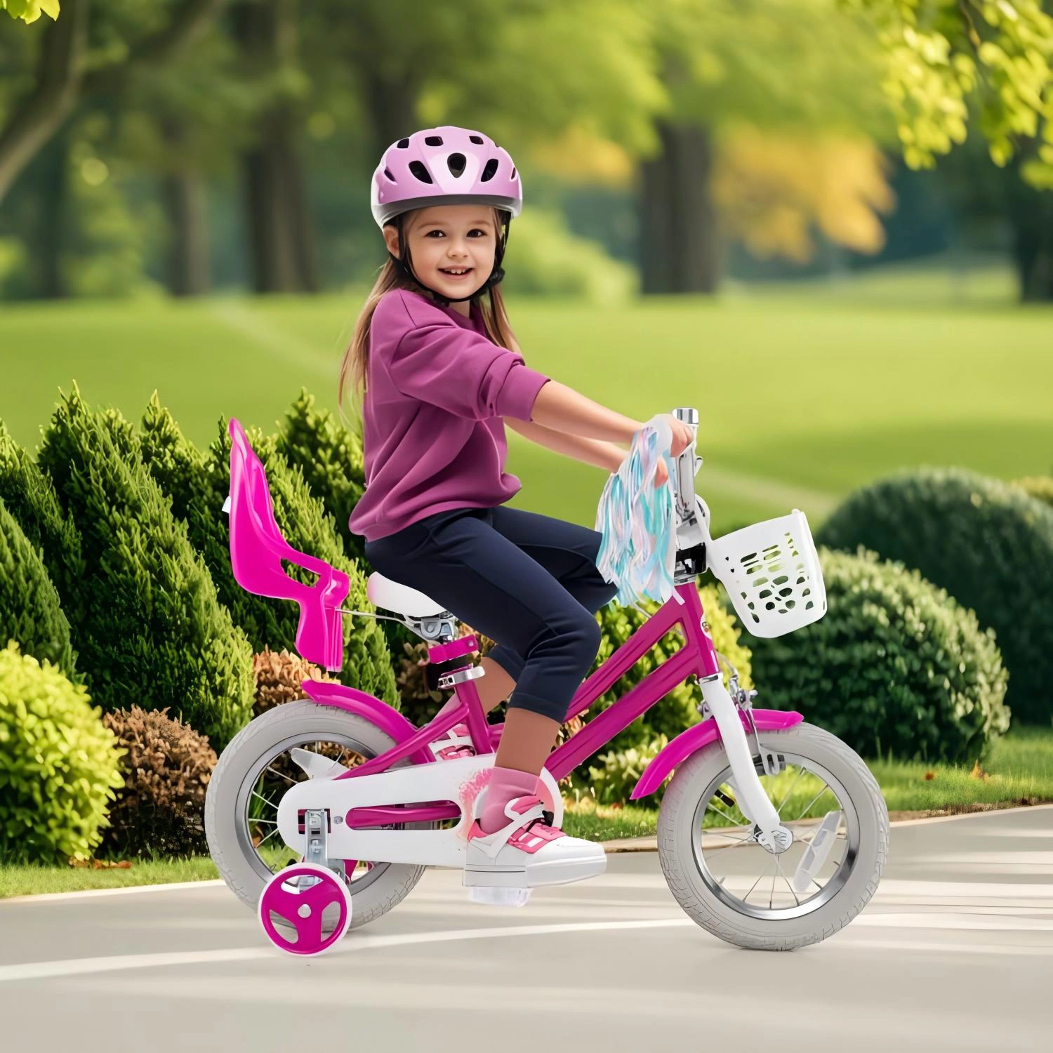 SUGIFT Rose Red Training Wheels Ribbons and Adjustable Seat Kids Bike