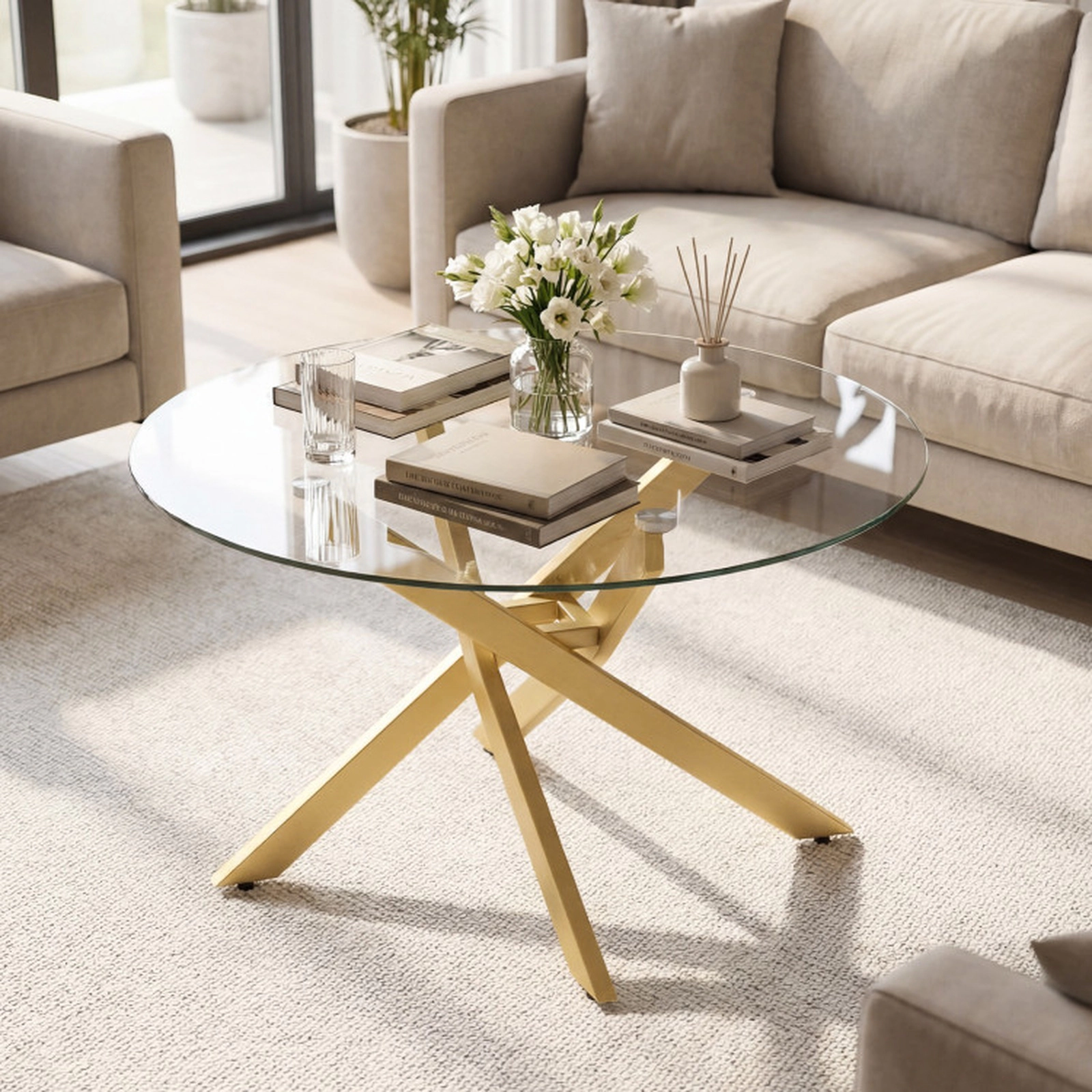 SUGIFT Round Tempered Glass Top Crossed Metal Legs Coffee Table 31.5-in x 31.5-in x 17.5-in 110-lb Capacity Gold