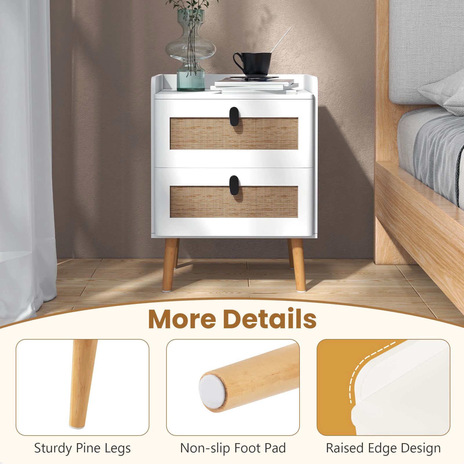 SlickBlue Modern Rustic Nightstand with Rattan Drawer Fronts