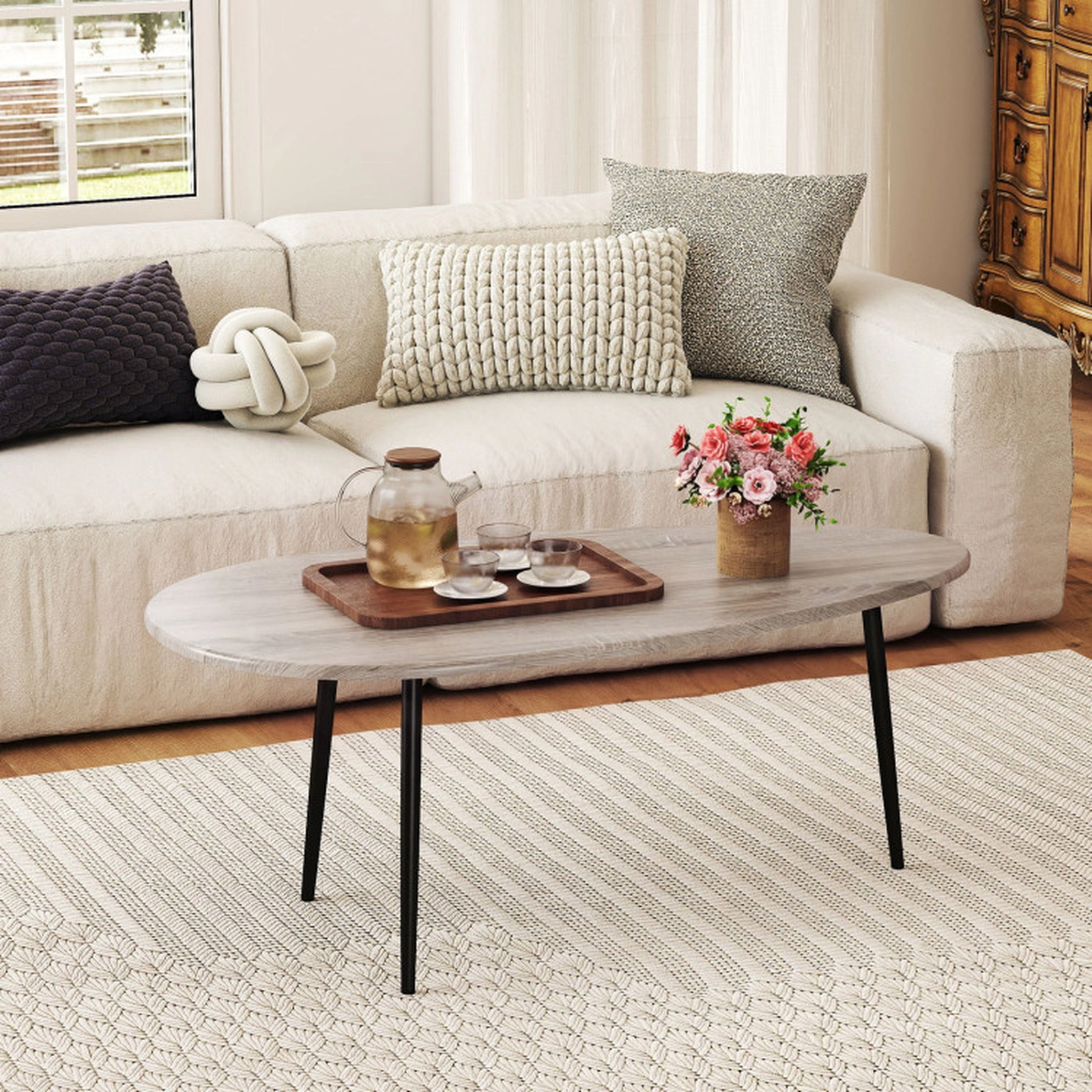 SUGIFT 42.5-in 99-lb Capacity Oval Mid Century Gray Coffee Table with Metal Frame and Adjustable Pads