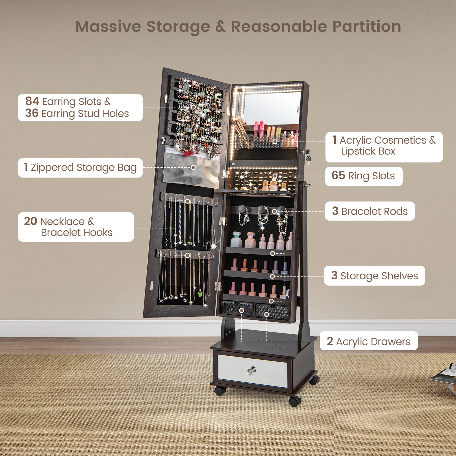 Slickblue 62.5 Inch Freestanding Lockable Jewelry Cabinet with Full-Length Mirror, LED Lights and Rolling Wheels