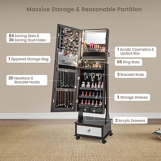 SUGIFT 3-in-1 Lockable Jewelry Cabinet Armoire with Full Length Mirror and Vanity 62.5-in Tall 3-Color LED Lights Brown