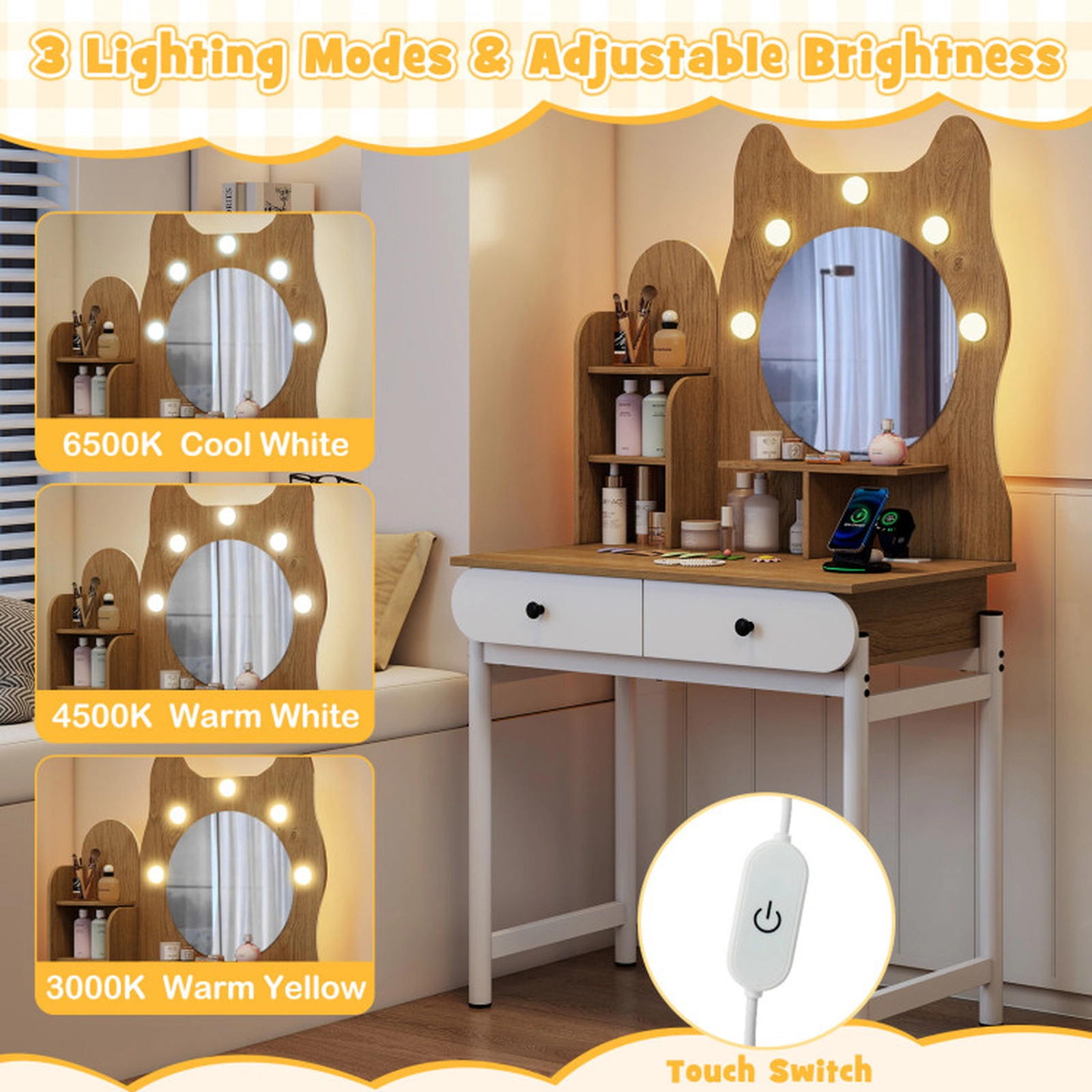 SUGIFT Small Vanity Desk with Round Lighted Mirror Kitty Design Metal Stand and Power Outlets for Teens