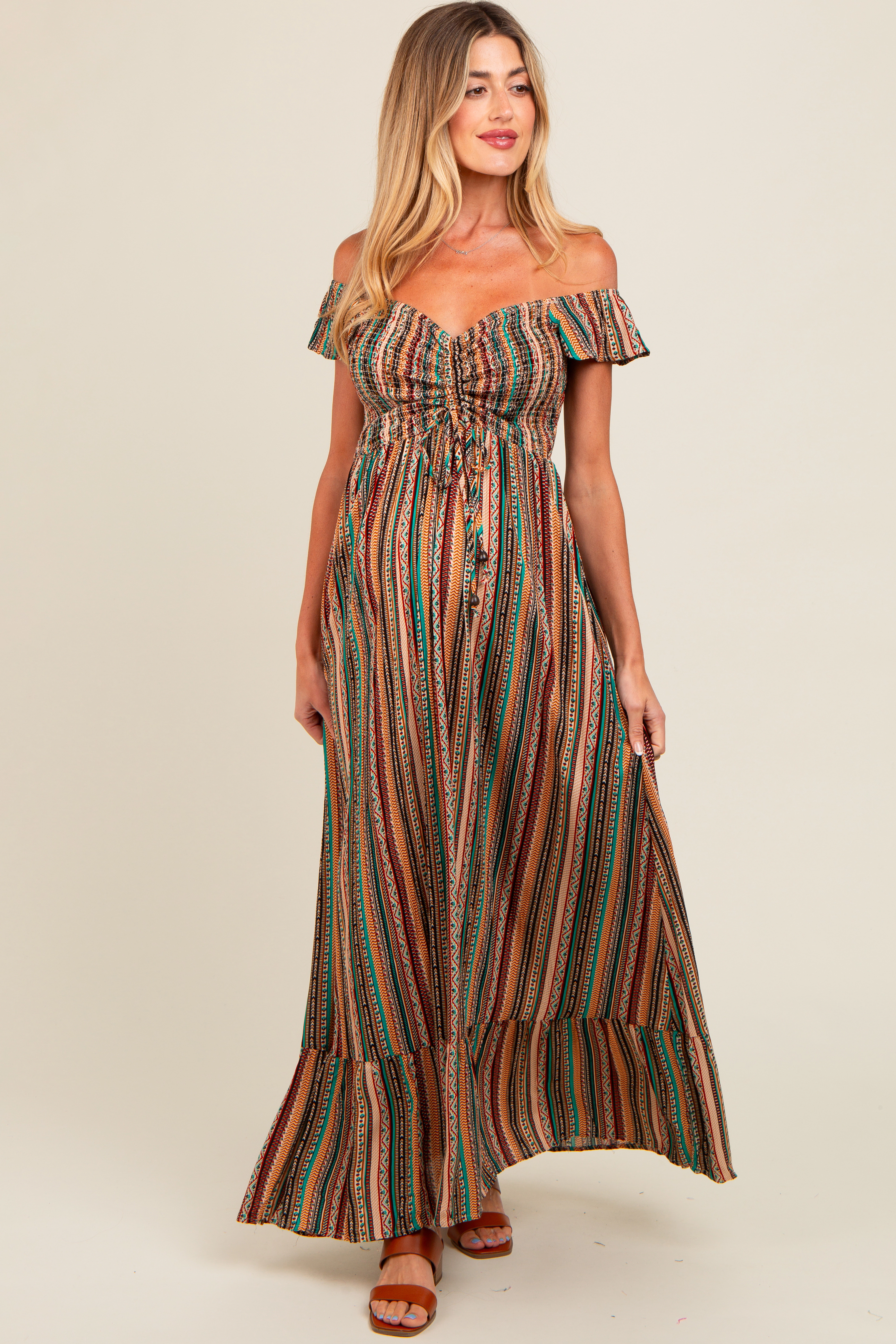 PinkBlush Womens Multicolor Off Shoulder Cinched Maternity Maxi Dress