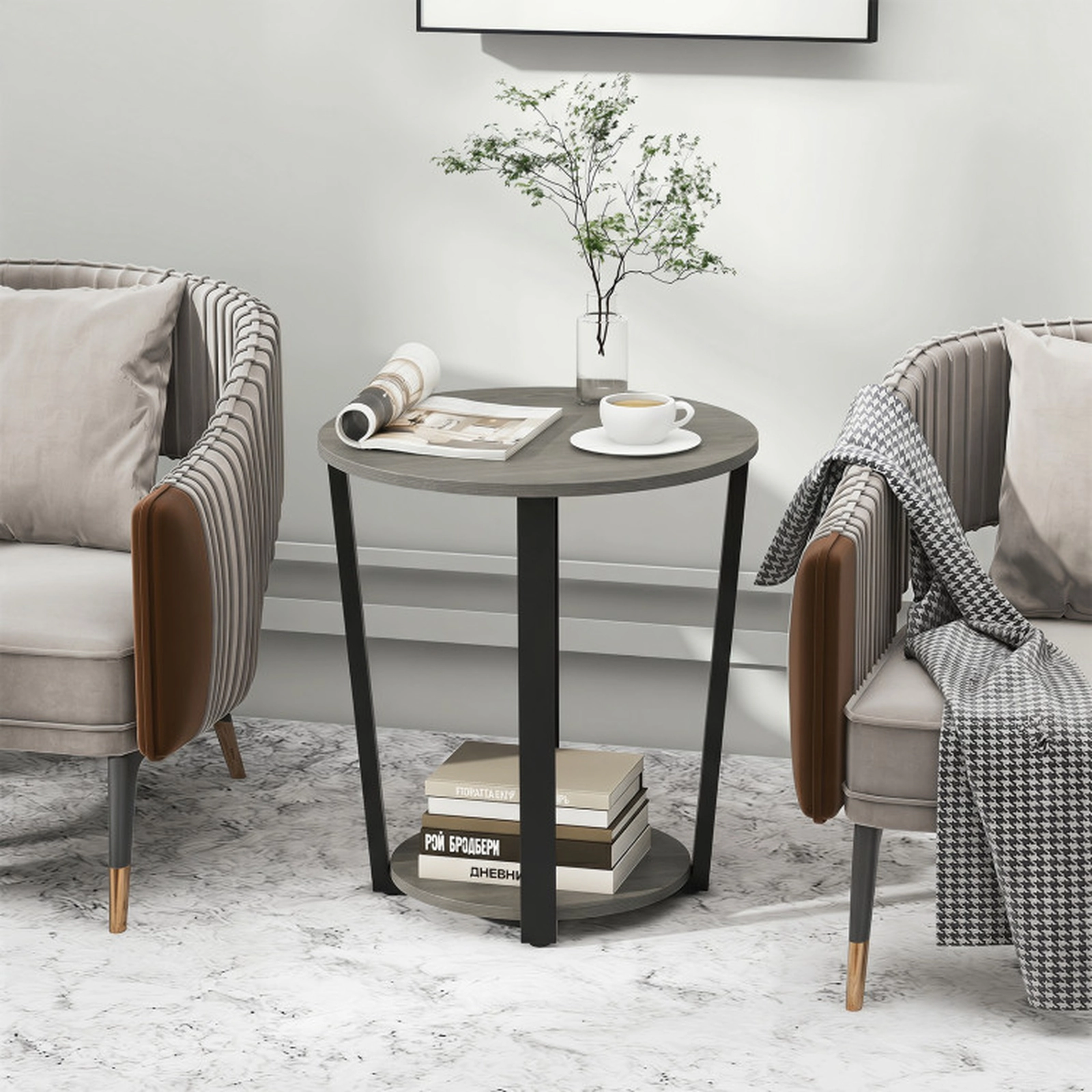 SUGIFT 2 Tier Round Chipboard Metal Frame Removable Storage Tray End Table In Oak