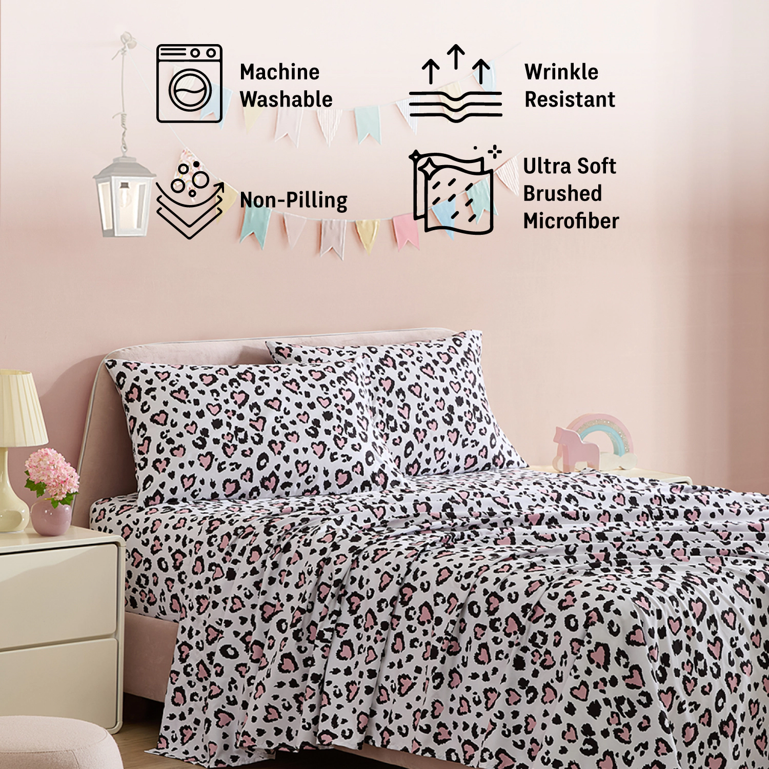 HLC.ME Cheetah Heart Kids Patterned Bed Sheet Set - Wrinkle Resistant & Ultra Soft - Fits Mattresses up to 15 in Deep