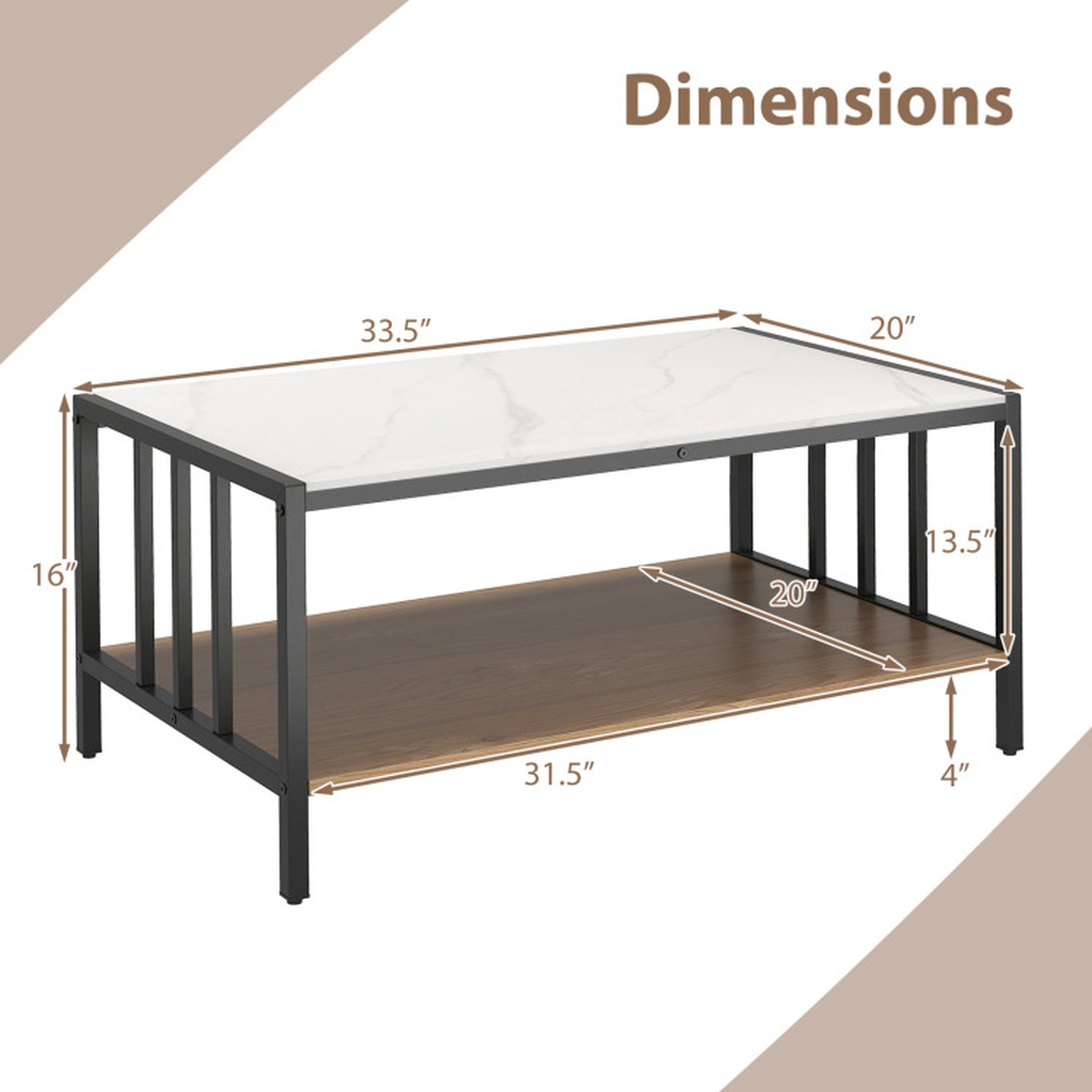 SUGIFT 33.5-in 2-Tier White Sintered Stone Coffee Table with Anti-Falling Shelf Fencing and Adjustable Pads