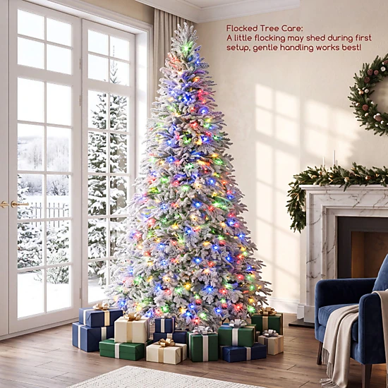 SUGIFT 7-Ft Pre-Lit Flocked Cypress-Style Christmas Tree, 270 Color ...