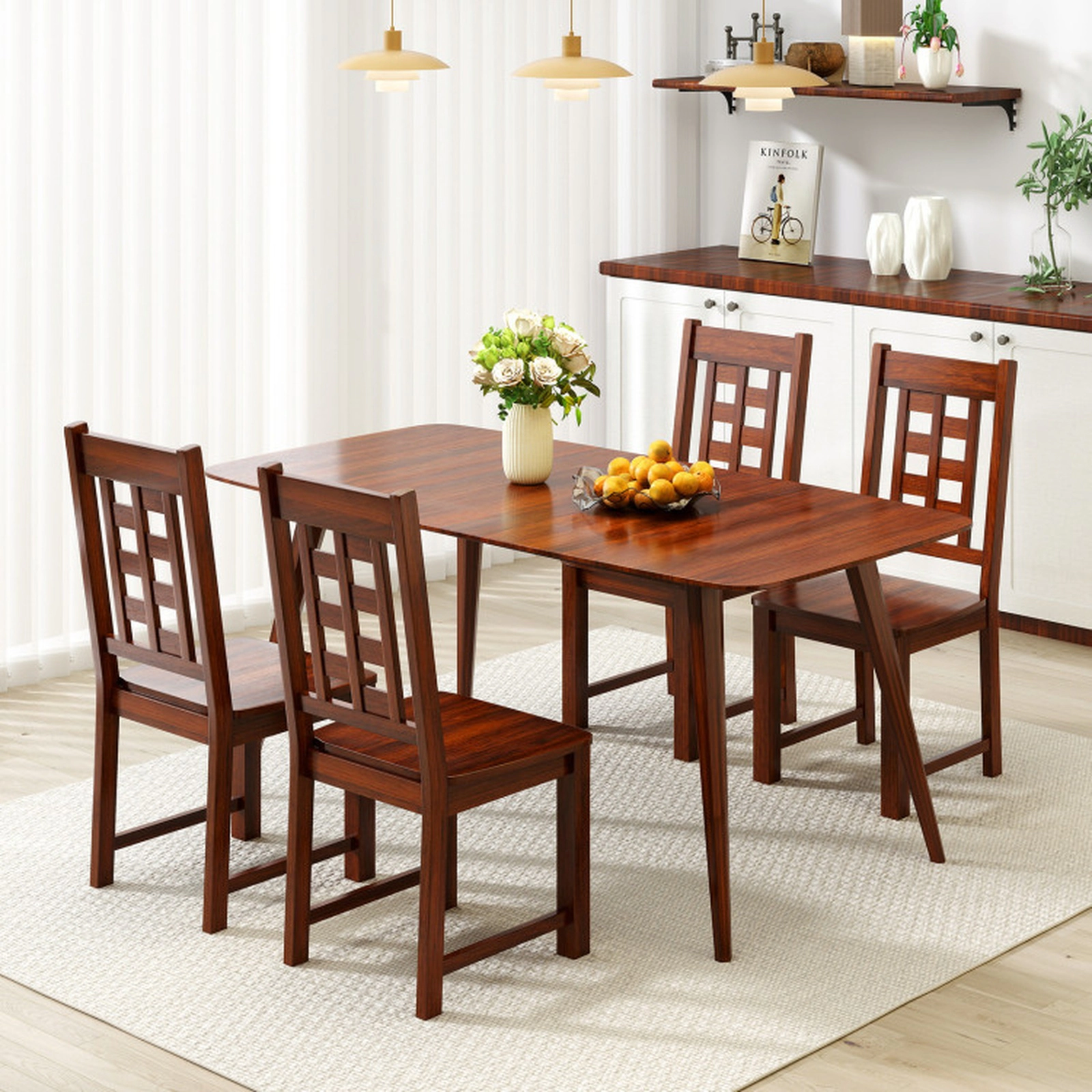 SUGIFT Walnut Wooden Solid Rubber Wood Hollowed Back Set of 2 Kitchen Dining Chairs