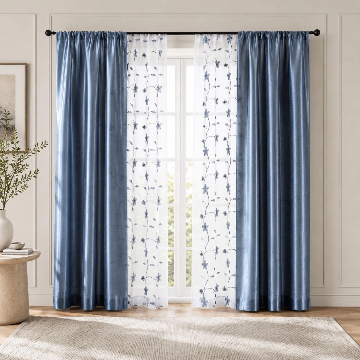 Kate Aurora Jasmine Embroidered 6 Piece Rod Pocket Coordinating Sheer Window Curtain Panels