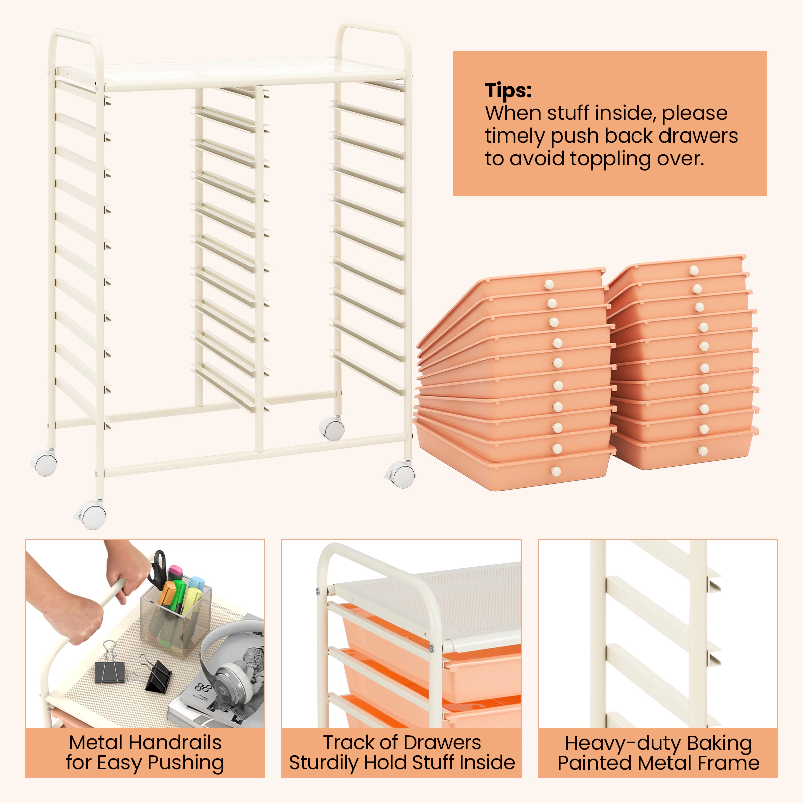 SUGIFT Peach 34-in 20-Drawer Rolling Storage Cart Art Studio Organizer with Removable Trays and Wheels