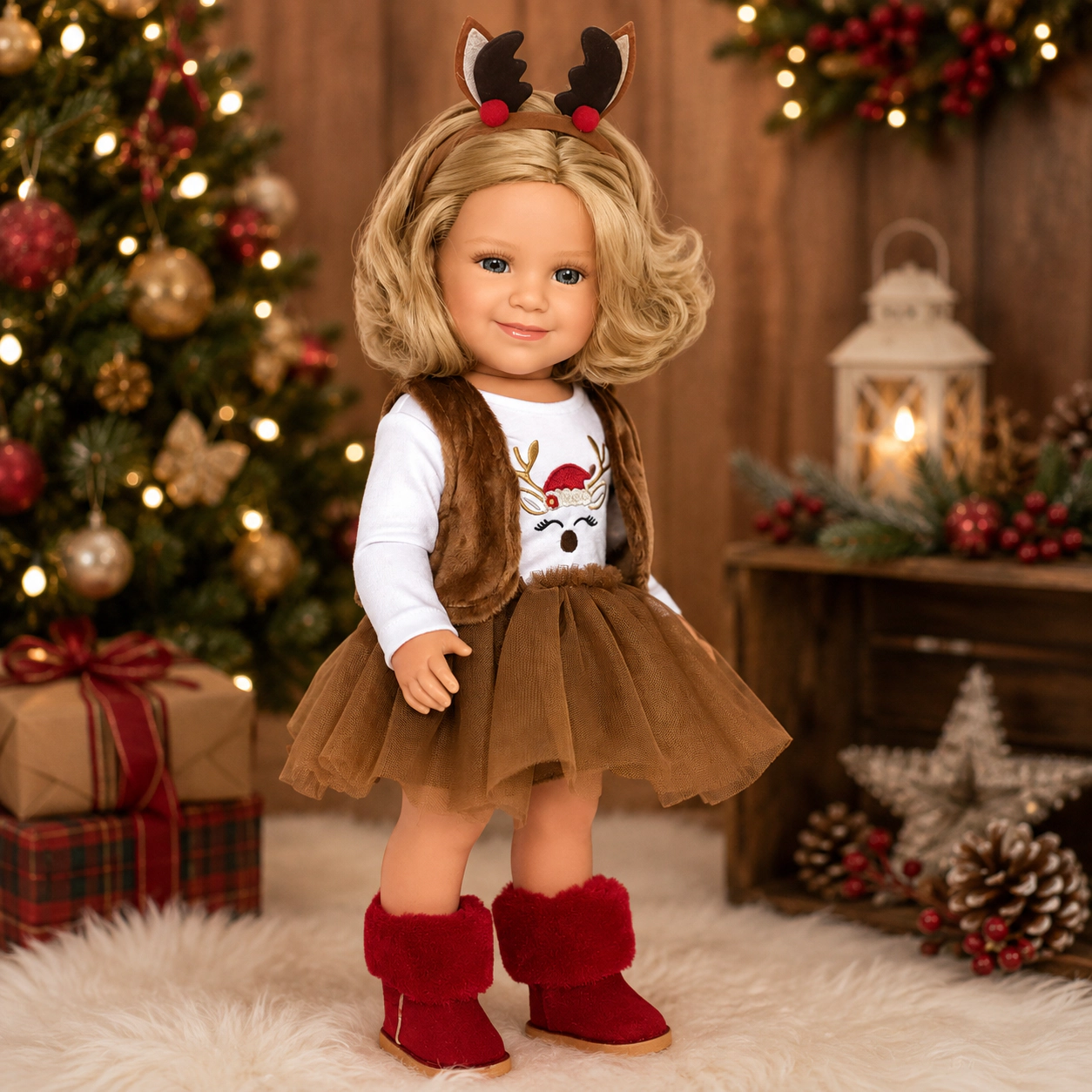 MBD® Holiday Reindeer Outfit Set with Red Boots & Antler Headband for 18-Inch Dolls