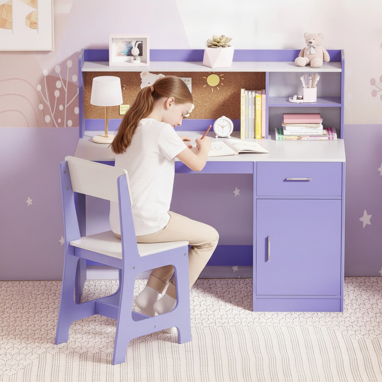 SUGIFT Kids Student Desk and Chair Set, 43-in Table with Cork Board, Drawer and Storage Cabinet, Purple