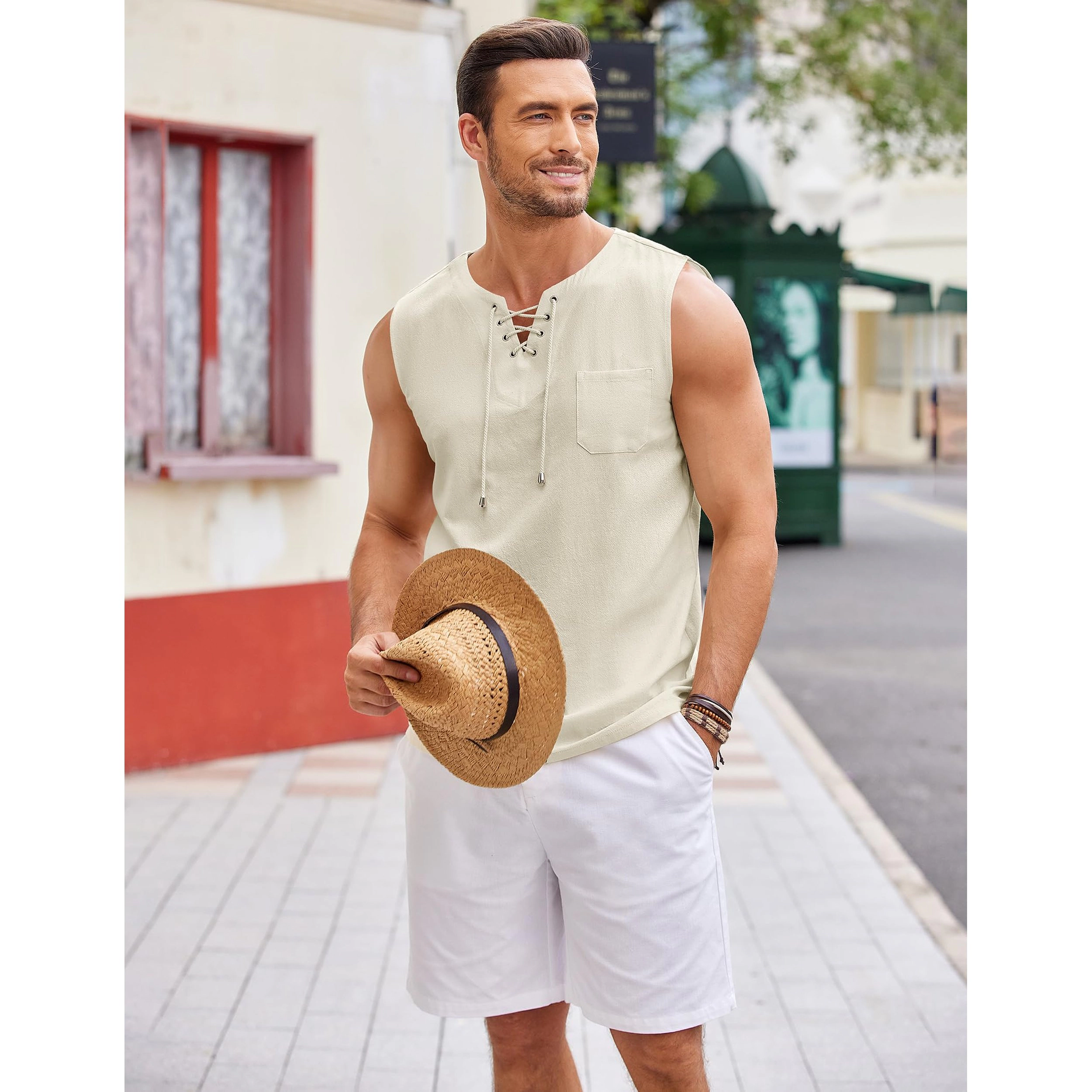 COOFANDY Men's Regular Fit Lace-Up Henley Neck Sleeveless Tank Top