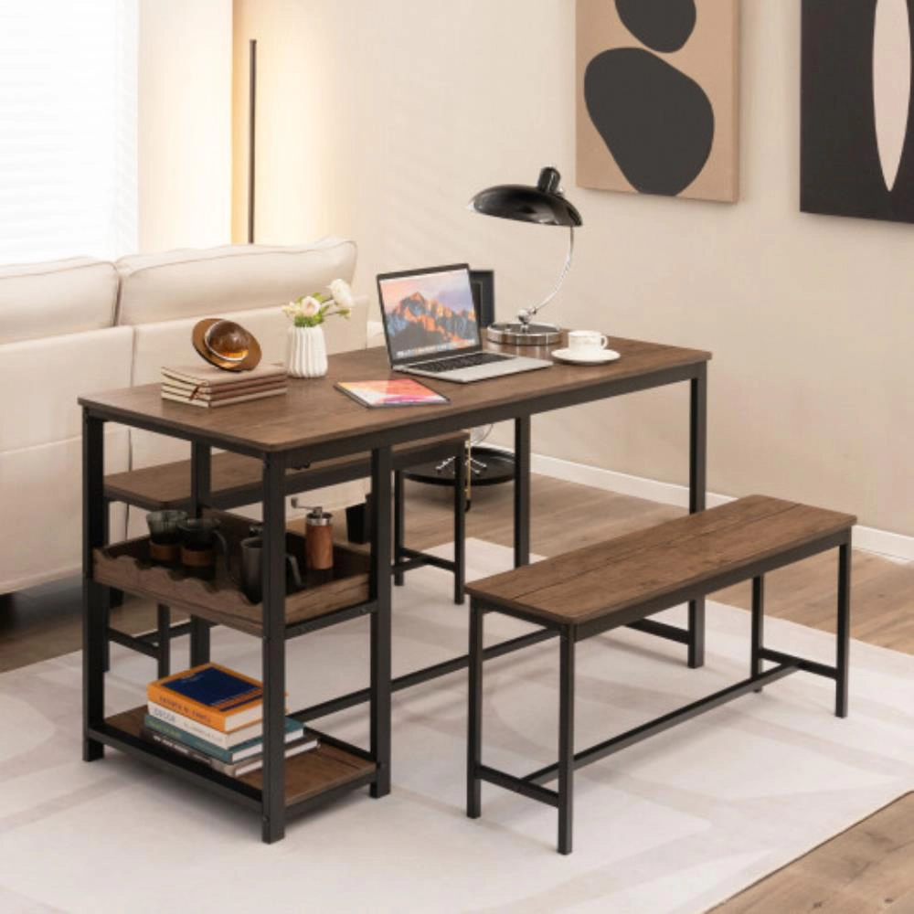 Hivvago 3 Pieces Dining Table Set For 4 With Wine Rack-Brown