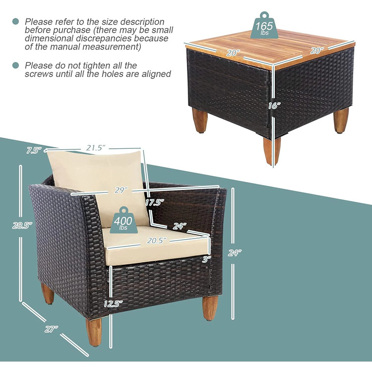 Hivvago 3 Pieces Patio Rattan Bistro Furniture Set With Wooden Table Top