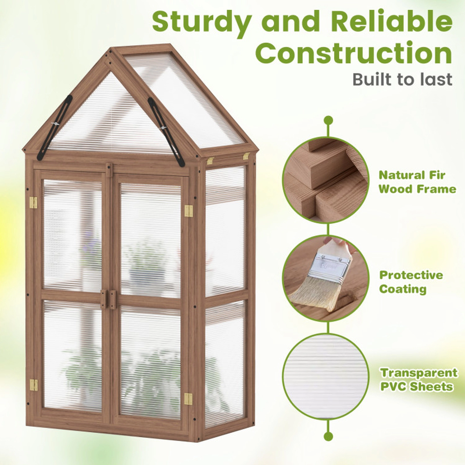 SUGIFT Cold Frame Mini Wooden Greenhouse PVC Panels 28-in Tall 3 Shelves 11-lb Shelf Capacity Rustic Brown+Transparent