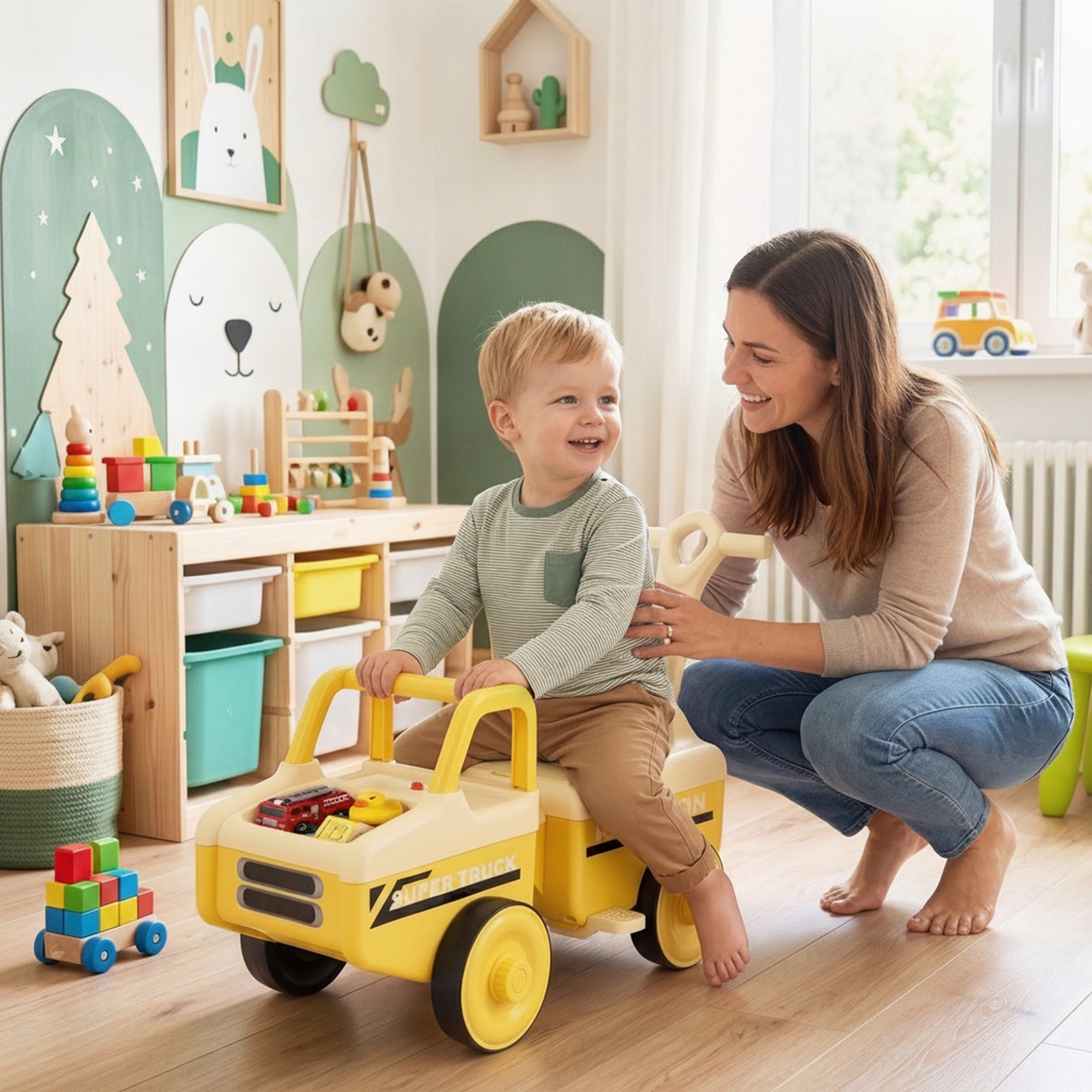 4-in-1 Kids Ride on Push Car Detachable Trailer 10 Songs Under Seat Storage Backrest Ages 1.5-5 45-lb Seat Load