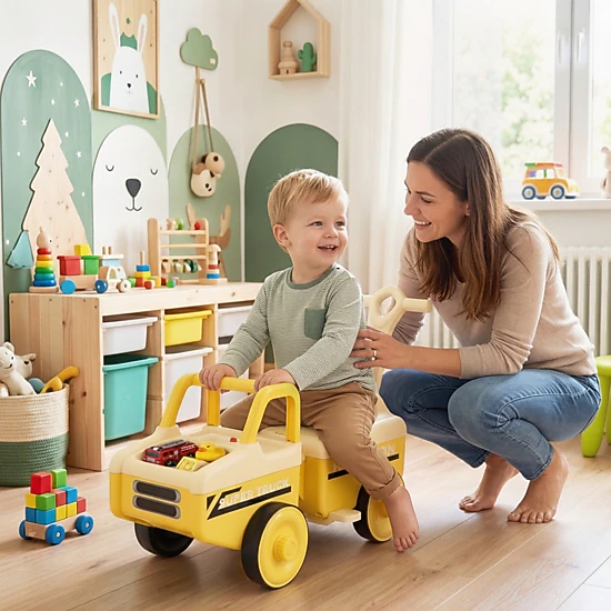 4-in-1 Kids Ride on Push Car Detachable Trailer 10 Songs Under Seat Storage Backrest Ages 1.5-5 45-lb Seat Load