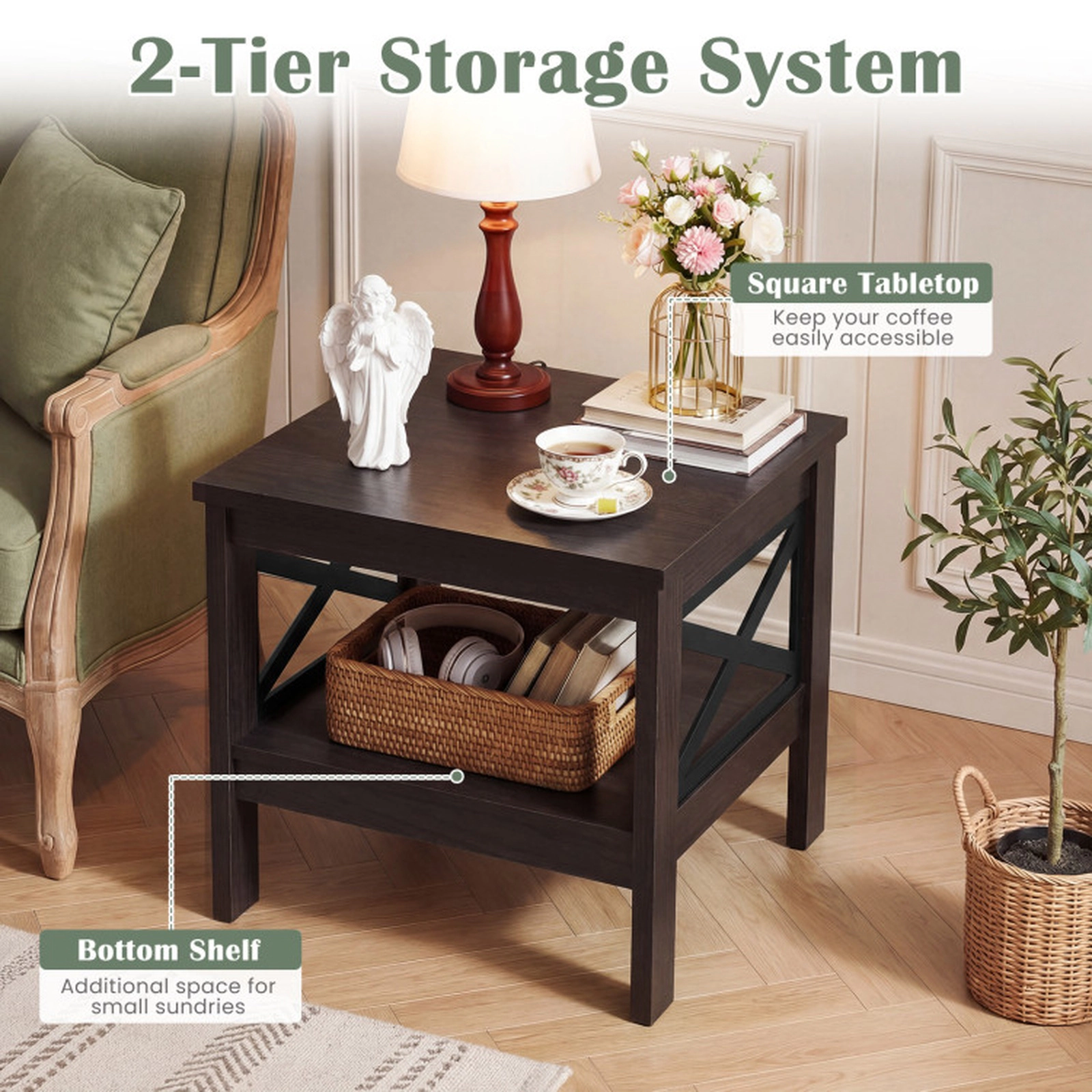 SUGIFT Square Engineered Wood X Frame 2 Tier Open Shelf Storage Side Table Oak