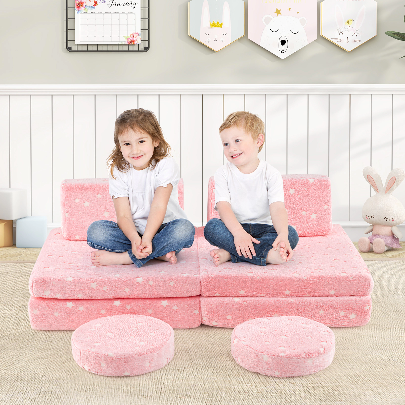 Modular Kids Play Couch Set Toddler Foam Sofa with Glow in the Dark Print Portable Handles and Machine-Washable Pink