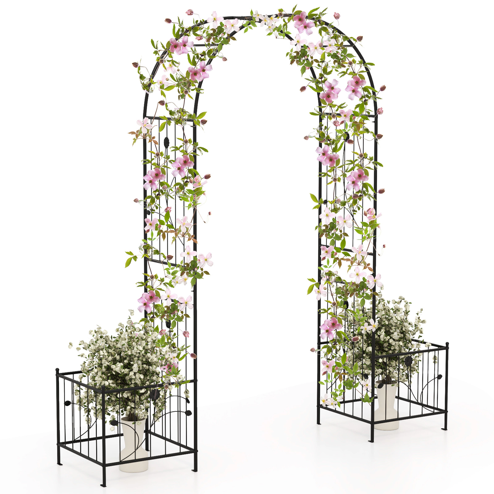 SUGIFT 2-in-1 Metal Garden Arbor with Side Planters and 8 Ground Stakes 86-in Tall Black
