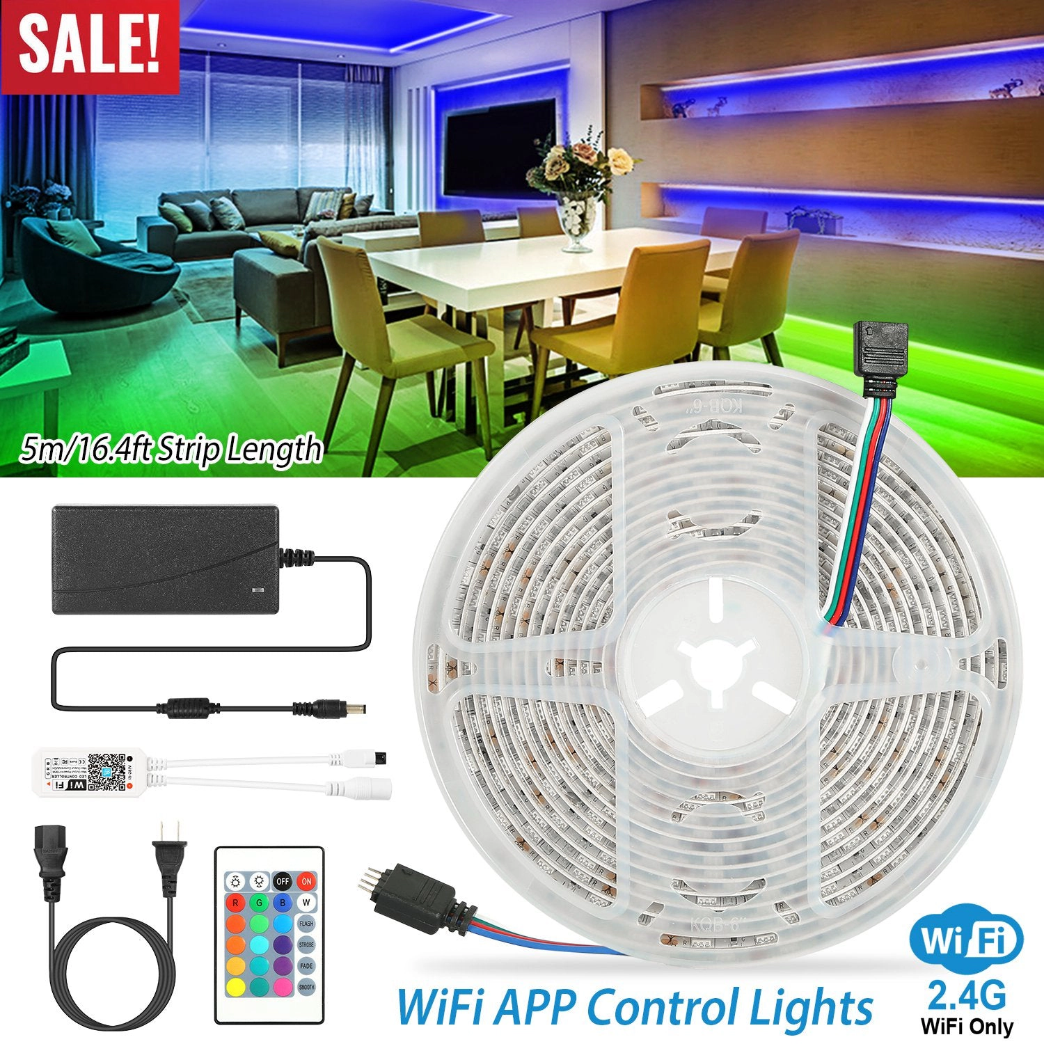 GBruno WiFi RGB LED Strip Lights 16.4FT Waterproof