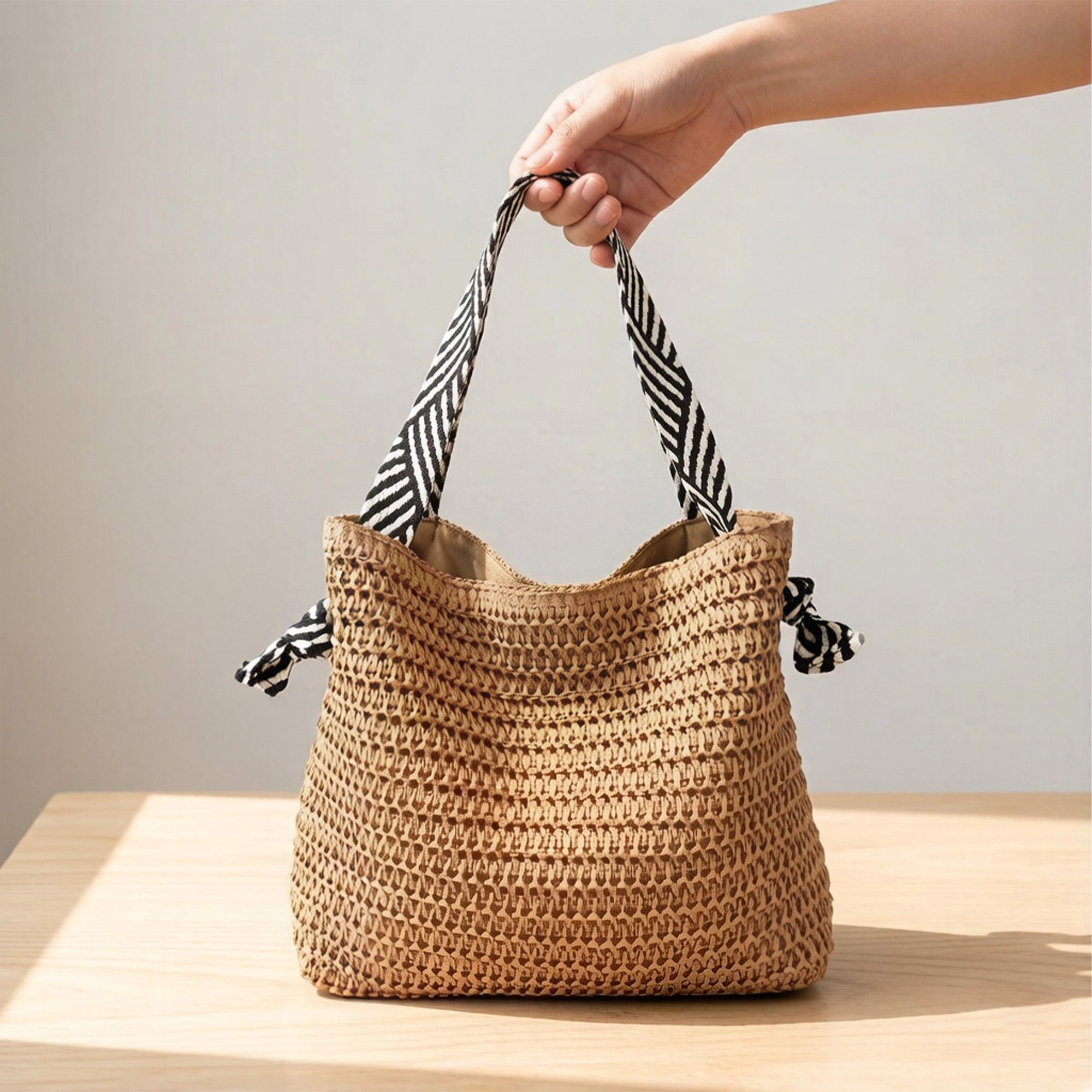 Alilang Women's Woven Crochet Tote Bag with Drawstring Detail and Pattern Strap Shoulder Handbag Lightweight Knit
