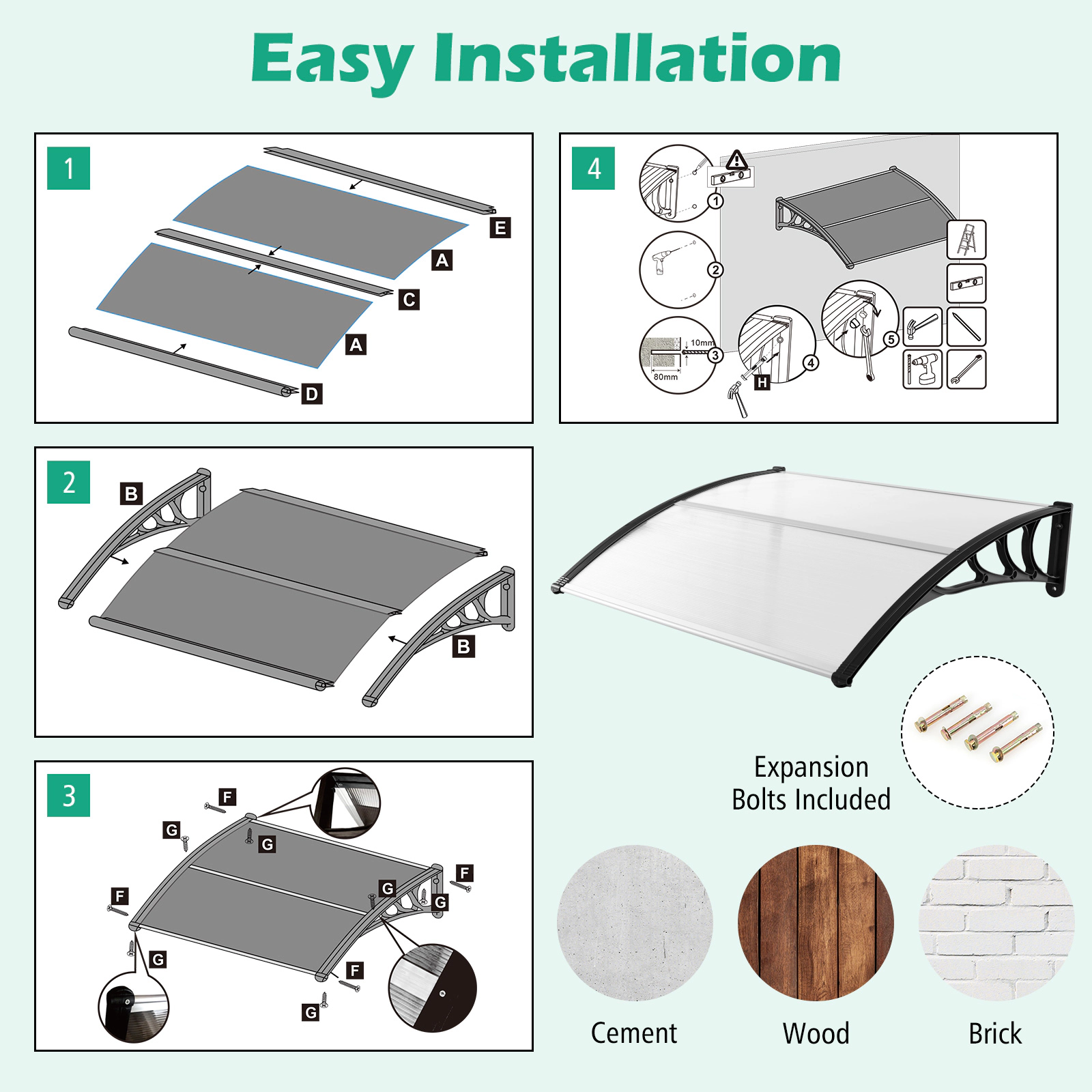 SUGIFT Black 48-in x 40-in Polycarbonate Door Awning Window Canopy Rain Snow Cover with ABS Bracket