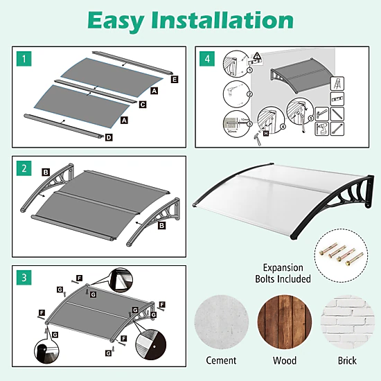 SUGIFT Black 48-in x 40-in Polycarbonate Door Awning Window Canopy Rain Snow Cover with ABS Bracket