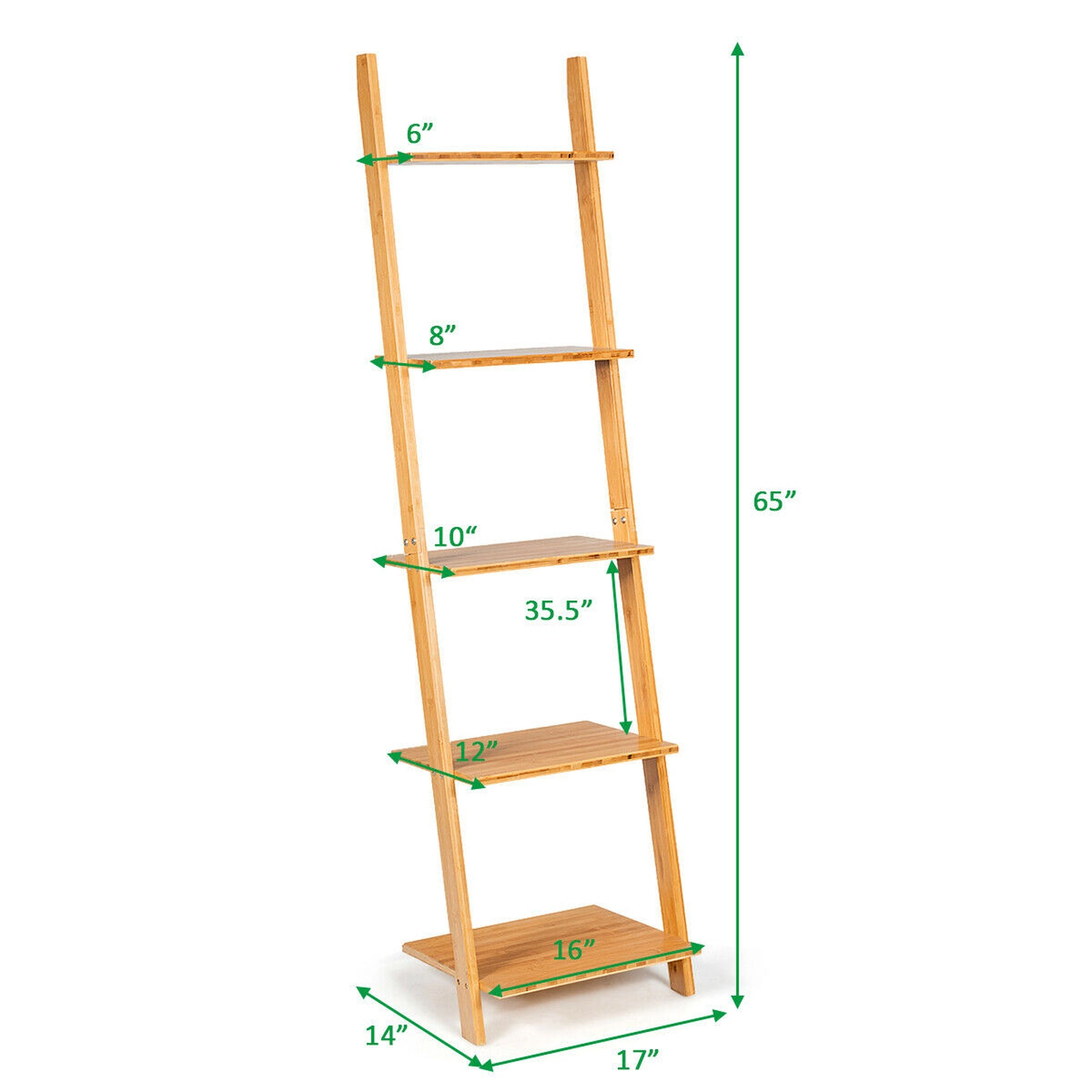 SUGIFT 5-Tier Natural 65-in Tall Leaning Bamboo Ladder Shelf Bookshelf with Display Rack and Plant Shelf