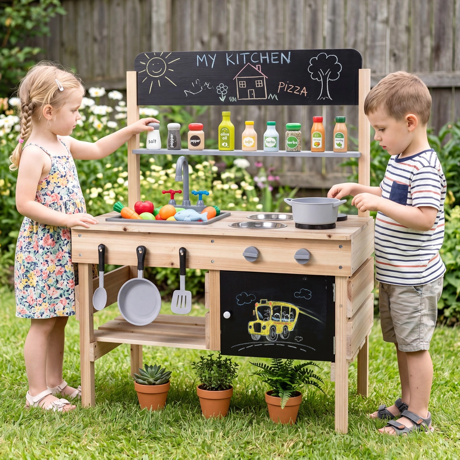 SUGIFT Outdoor Wooden Mud Kitchen Play Station with Sink Stoves and Storage 30.5 x 17 x 39 in Ages 3+ Natural