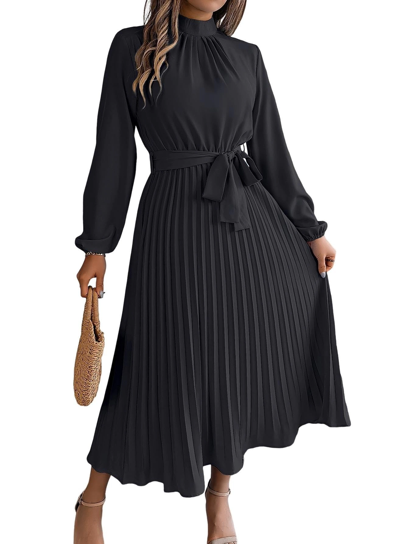 KOJOOIN Women's Pleated Midi Dress Mock Neck Long Sleeve Flowy A‑Line Wedding Guest Formal Dresses
