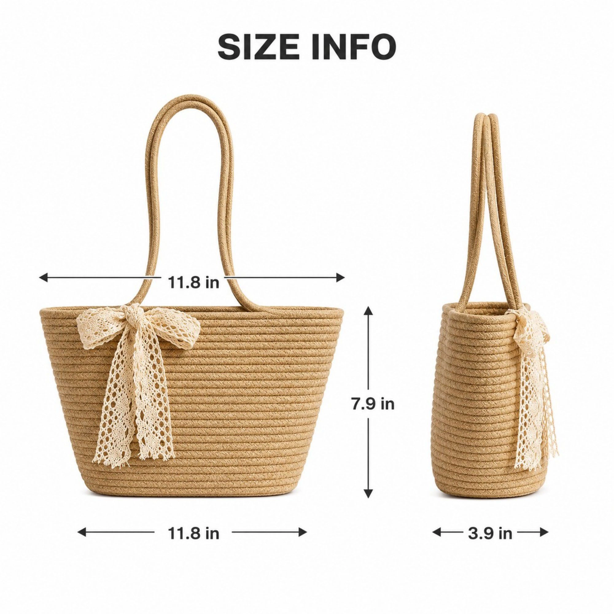 Alilang Women's Woven Straw Style Tote Bag Large Capacity Shoulder with Lace Bow Detail